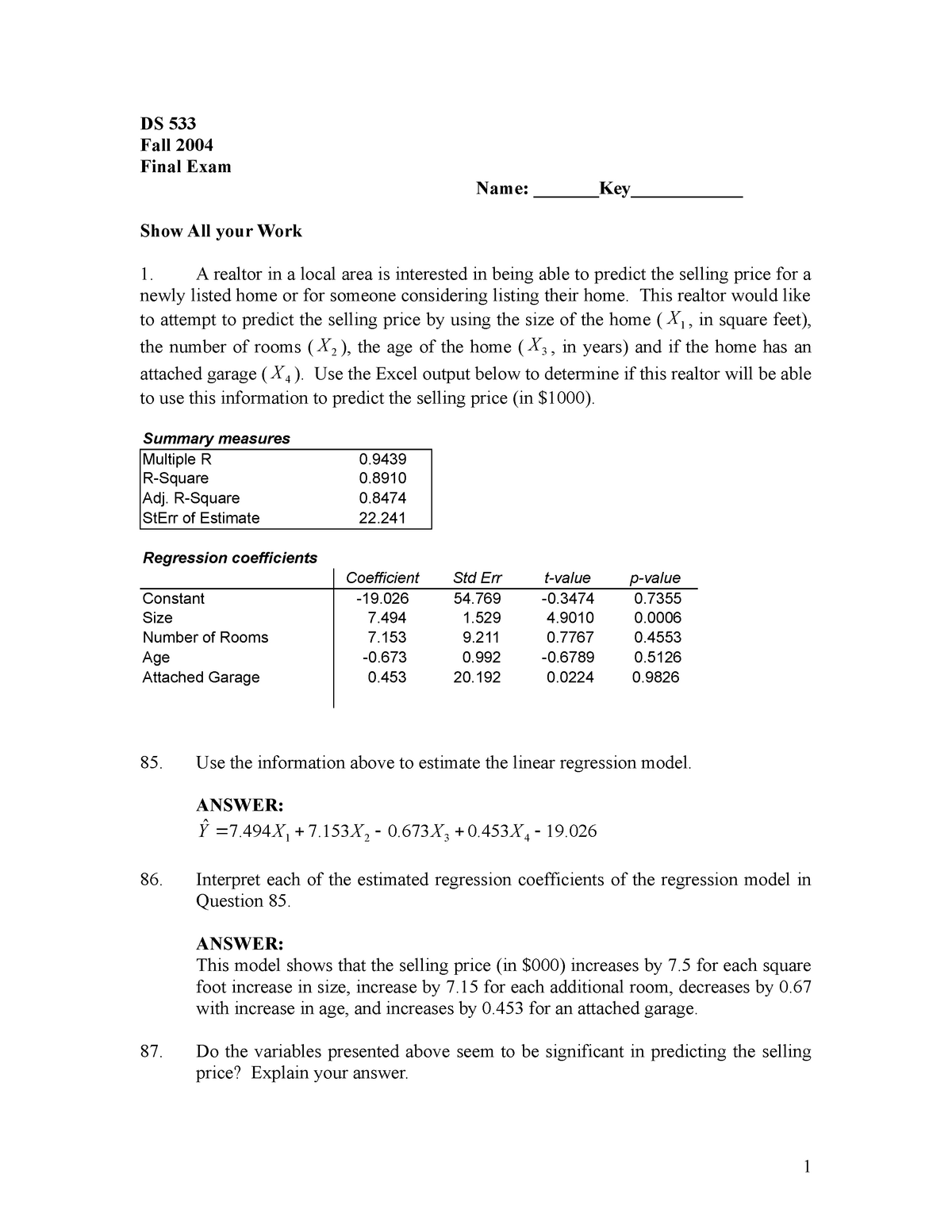 Final Exam 2015, questions and answers - DS 533 Fall 2004 Final Exam 