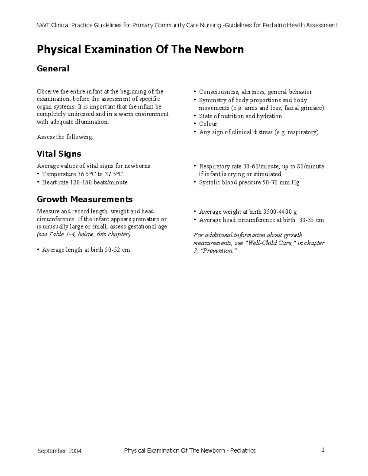 PE new born - Newborn Assessment - September 2004 Physical Examination ...