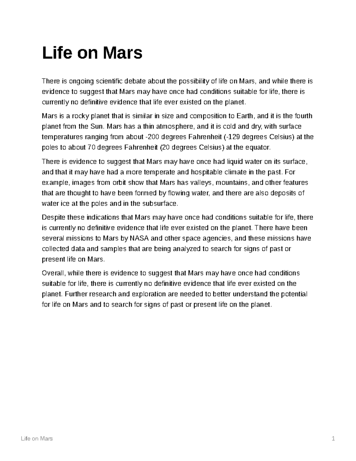 write essay on life on mars