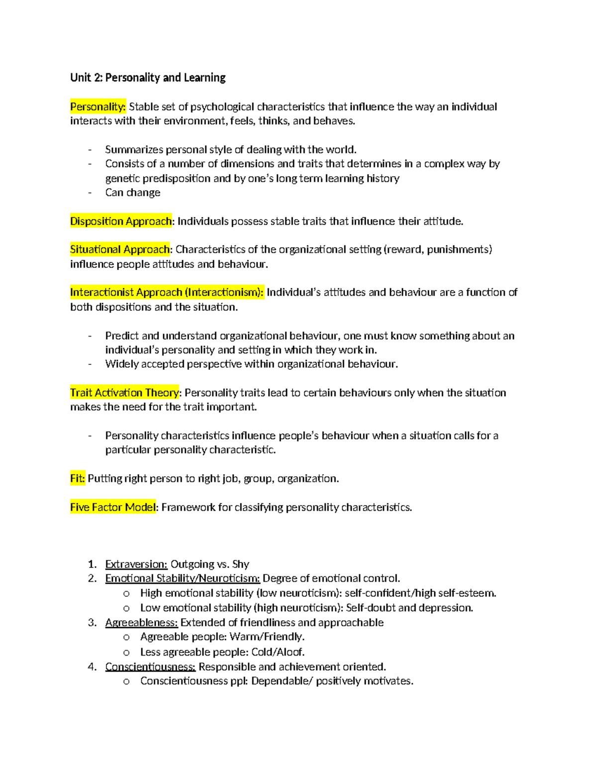 Unit 2 And 3 For HROB 2090 - Unit 2: Personality And Learning ...