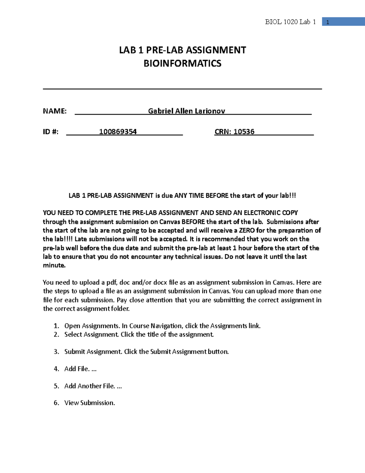 Lab 1 Pre-lab Assignment Bioinformatics S2023 - BIOL 1020 Lab 1 1 LAB 1 ...