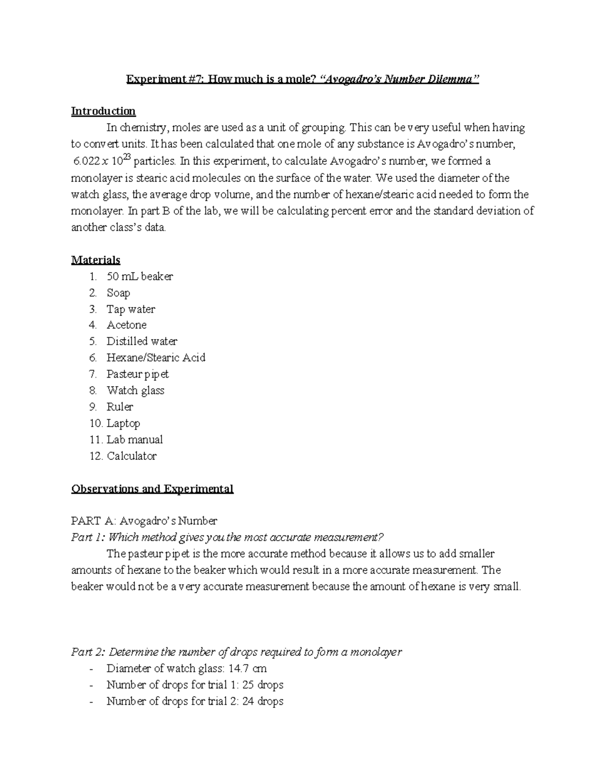 Chem 106 lab report 7 Experiment 7 How much is a mole? “Avogadro’s
