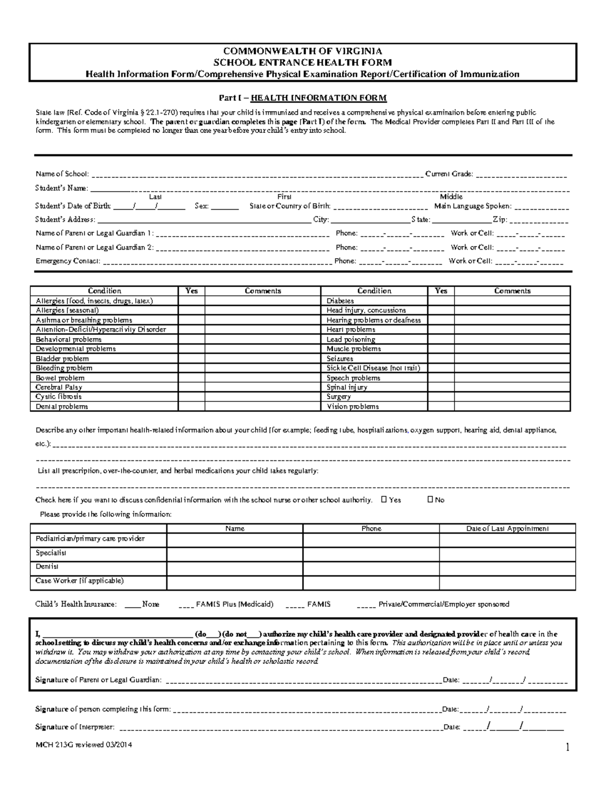 School Entrance Health Form - COMMONWEALTH OF VIRGINIA SCHOOL ENTRANCE ...