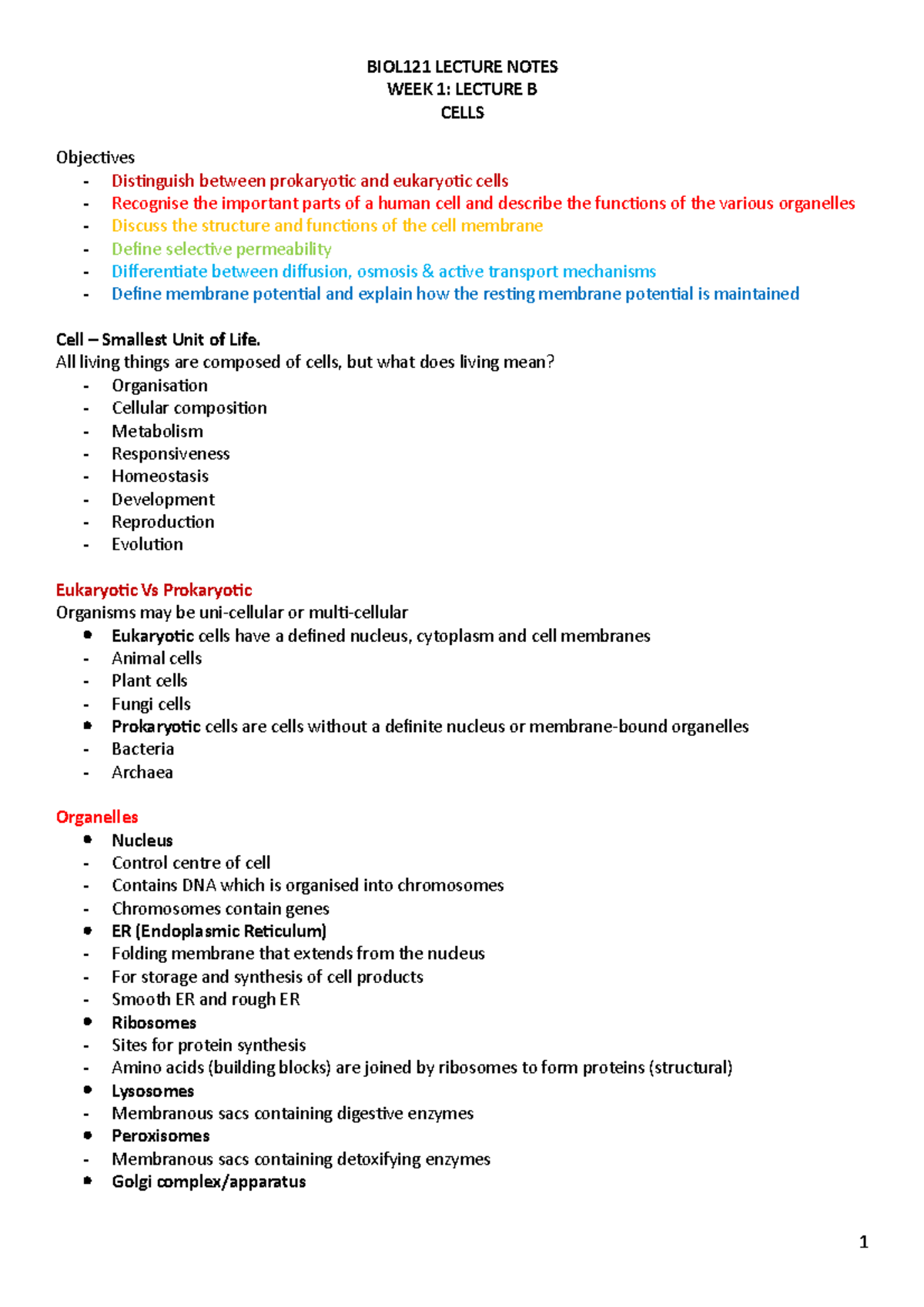 BIOL Lecture Notess 2 - Lec notes - WEEK 1: LECTURE B CELLS Objectives ...