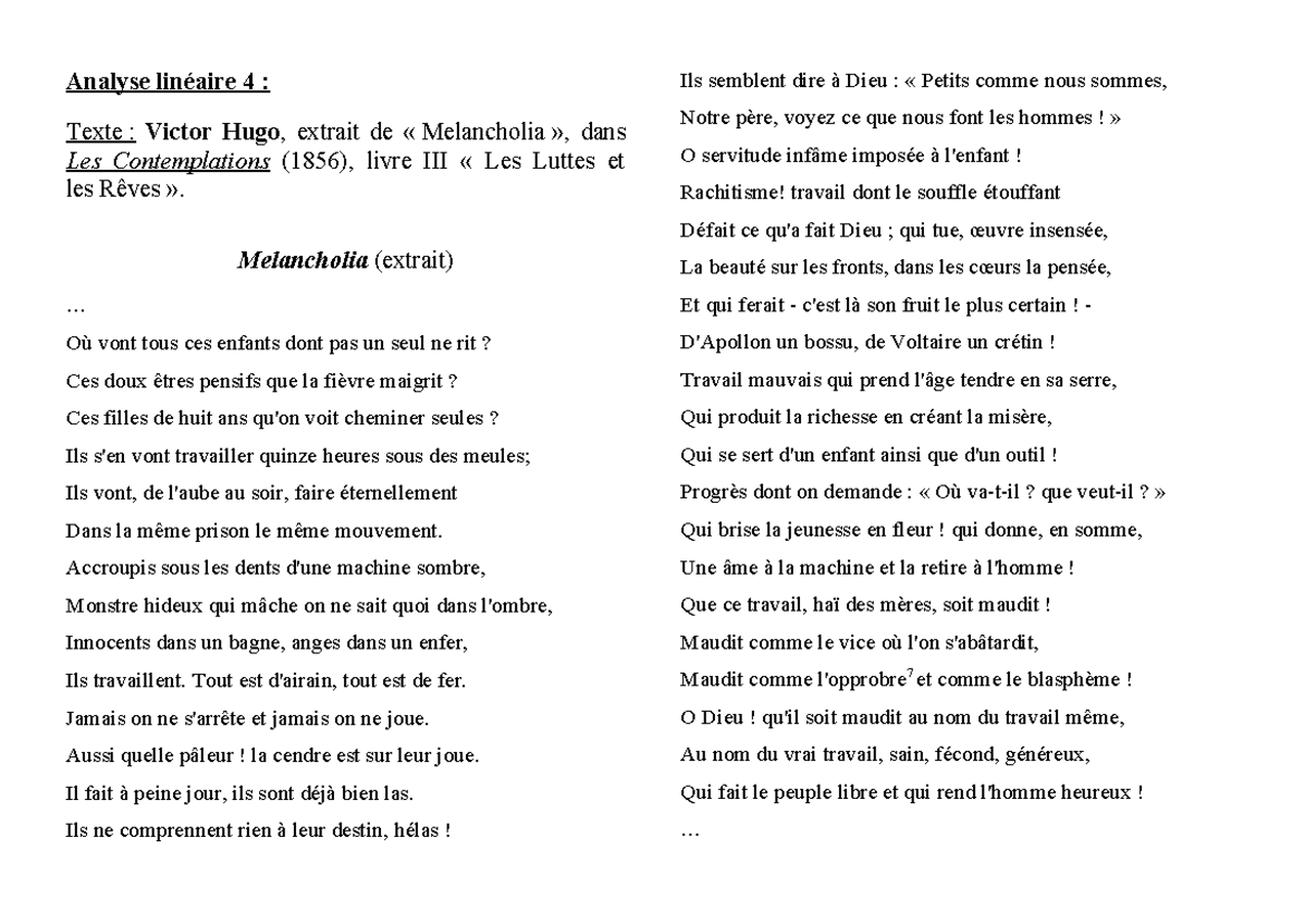 Analyse line-aire 4-Melancholia Hugo 2 - Analyse linéaire 4 : Texte