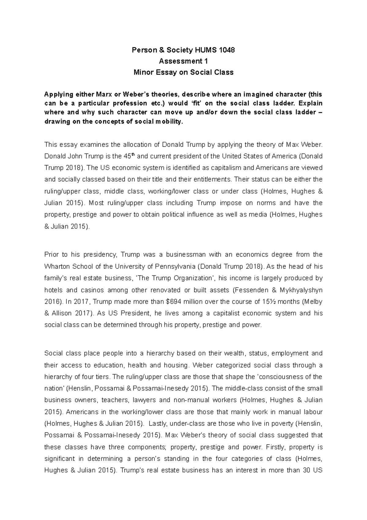 Minor Essay on Social Class - Person & Society HUMS 1048 Assessment 1 ...