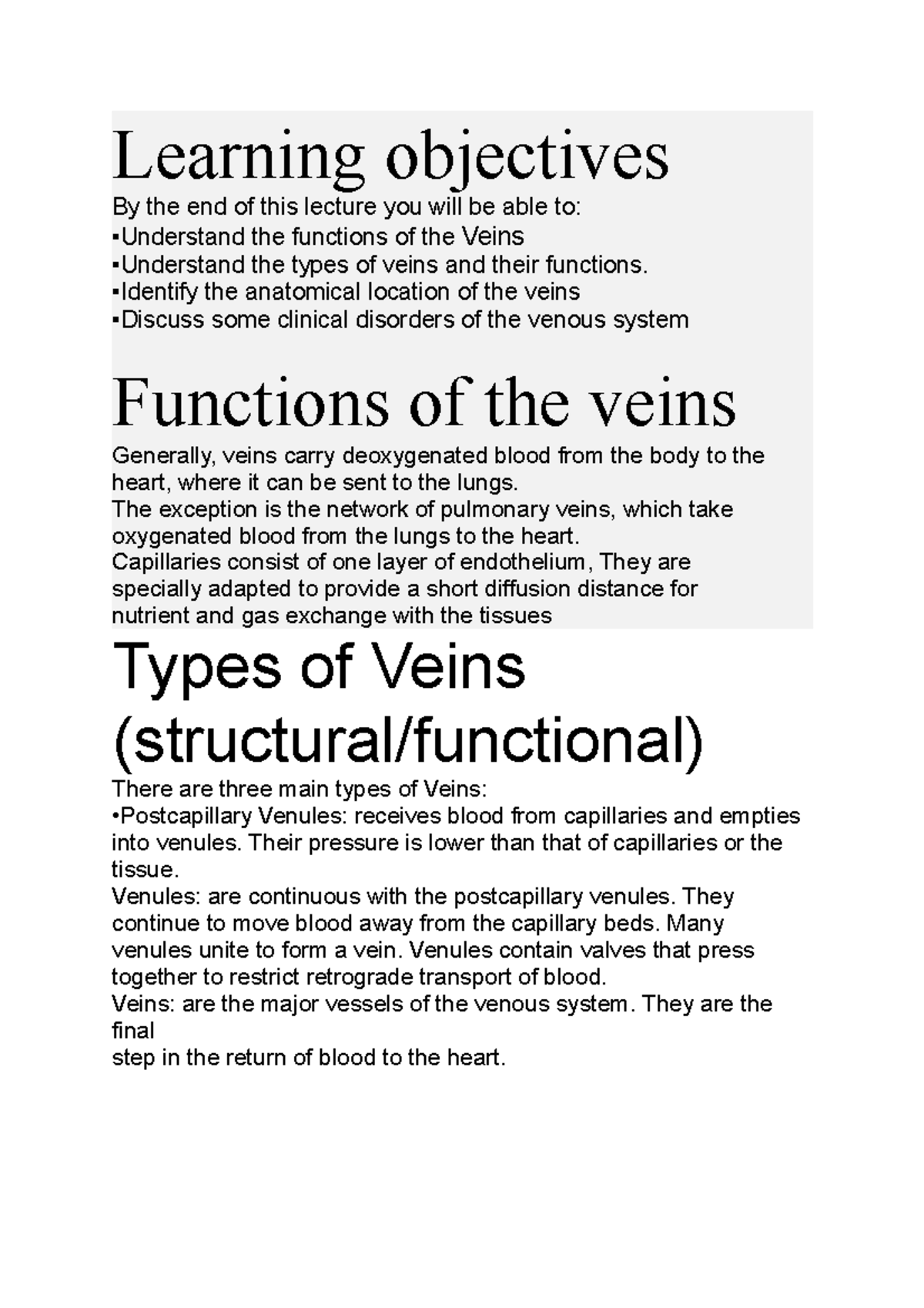 Veins - Learning objectives By the end of this lecture you will be able ...