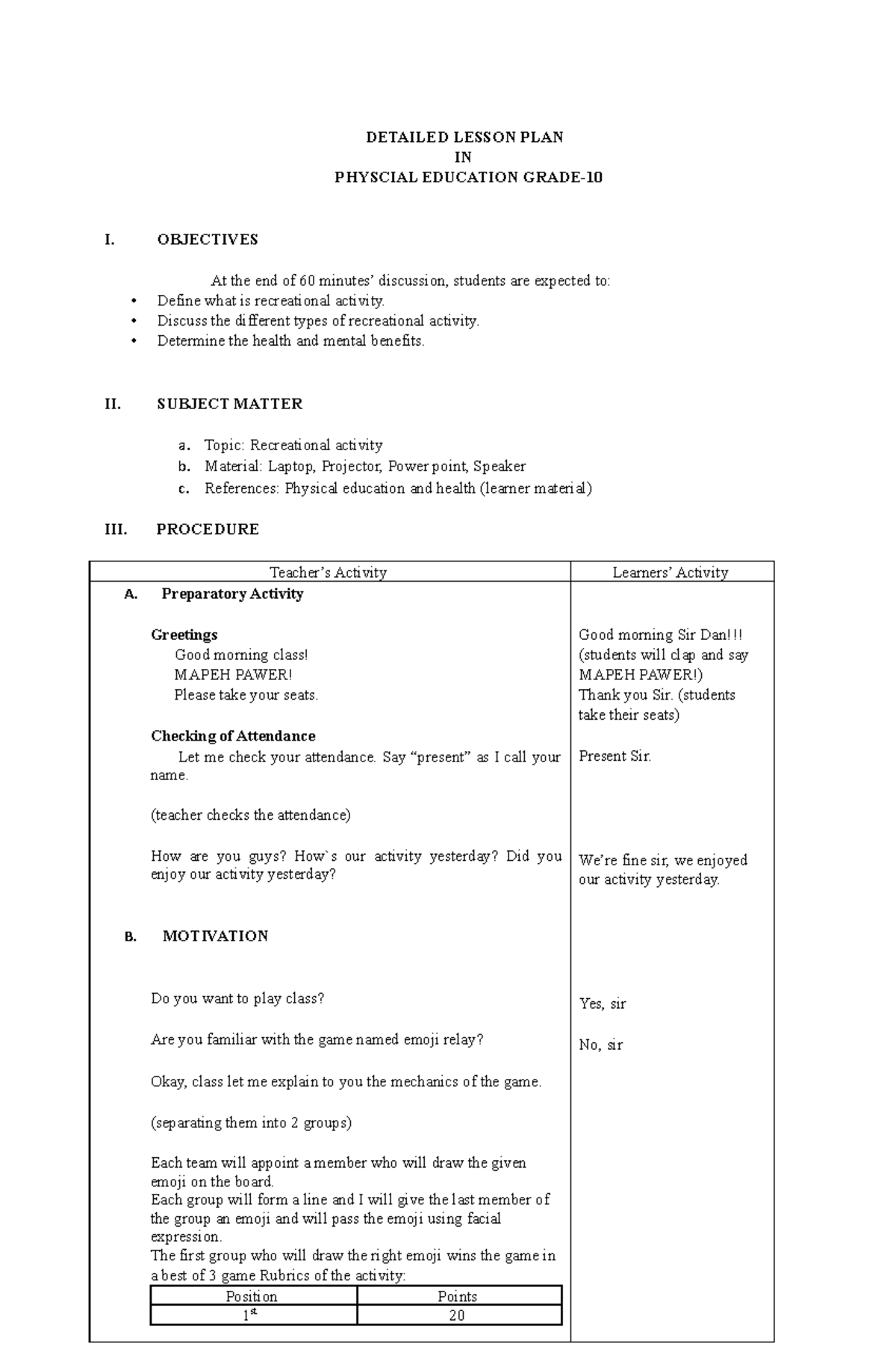 physical education lesson plans pdf grade 9