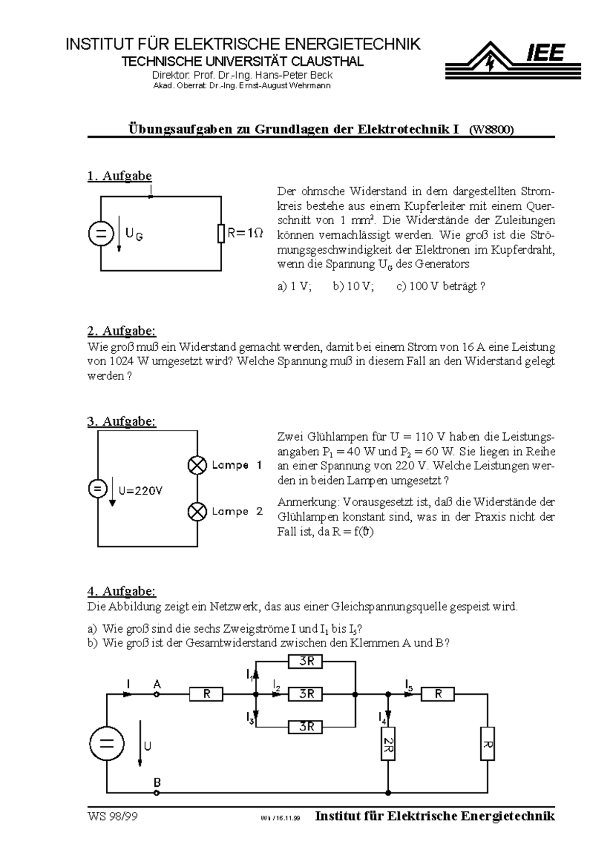 Übungsaufgaben Zu Grundlagen Der Elektrotechnik I - WS 98/99 Wh / 16.11 ...