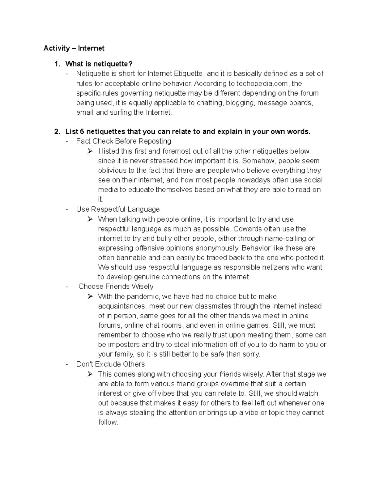 Activity Activity 1. What is netiquette