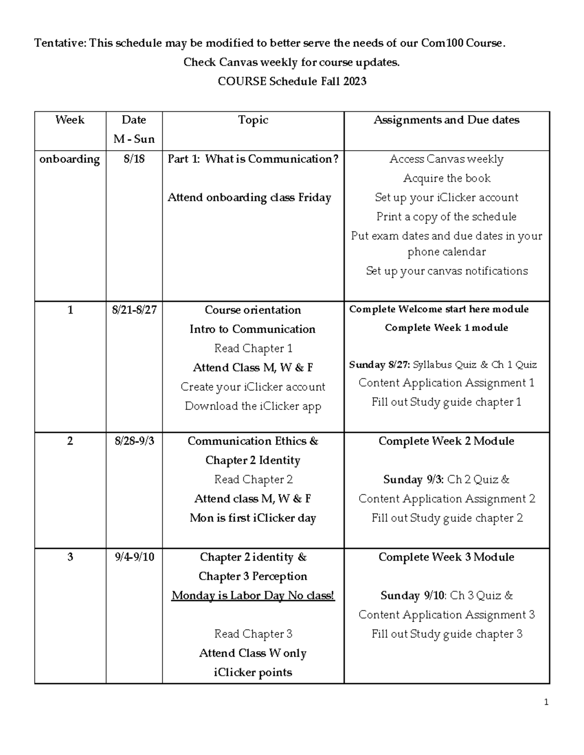 Com 100 Course Schedule F23 - Tentative: This schedule may be modified ...