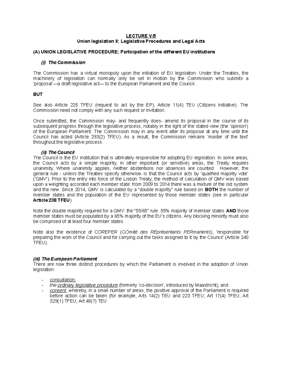 Eu - w5 lecture handout - LECTURE V/ Union legislation II: Legislative ...
