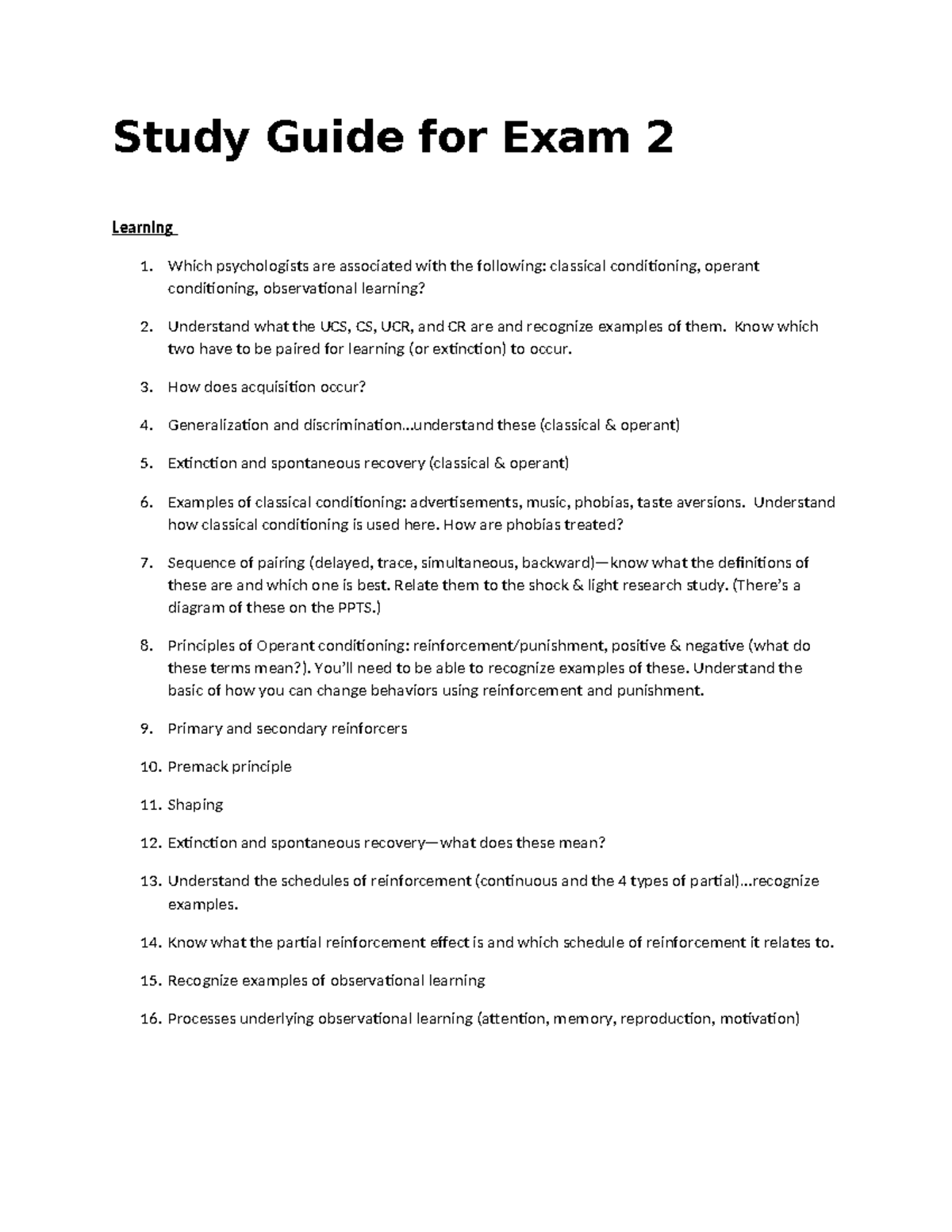 Updated study guide exam 2 fall 2020 - Study Guide for Exam 2 Learning ...