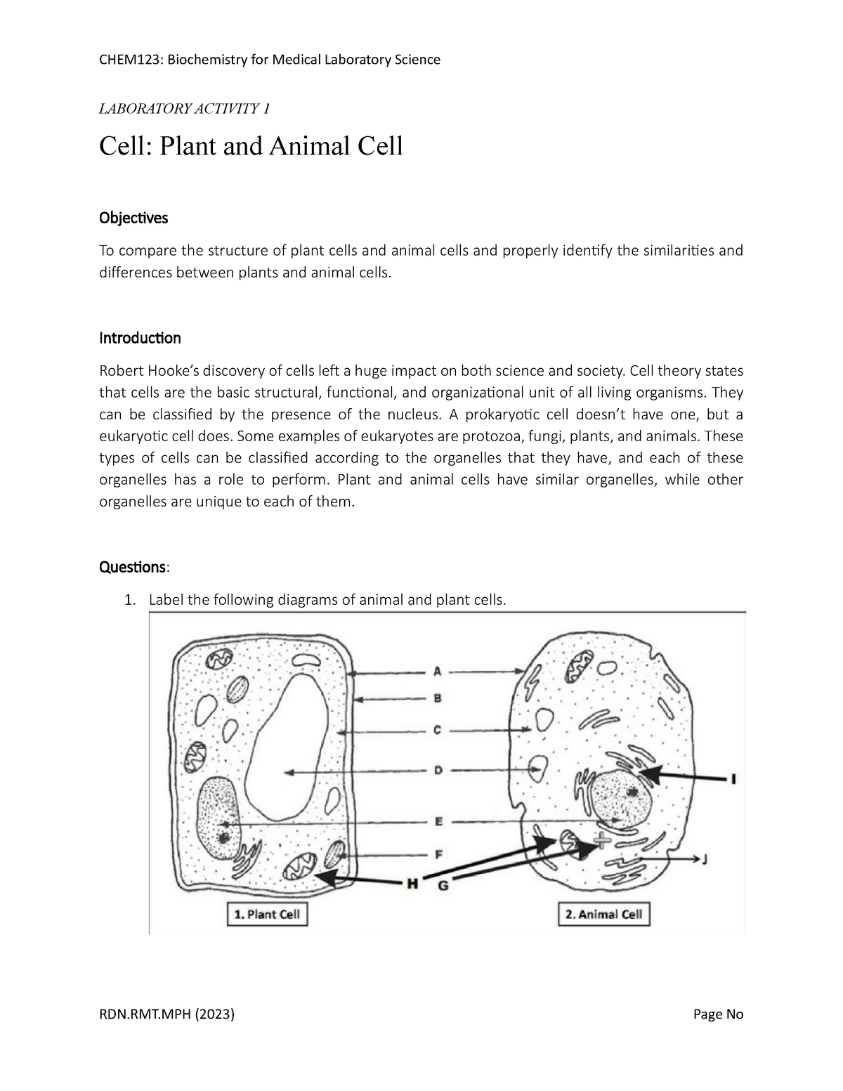 CHEM 123 Prelim Lab Activities 1 - LABORATORY ACTIVITY 1 Cell: Plant ...