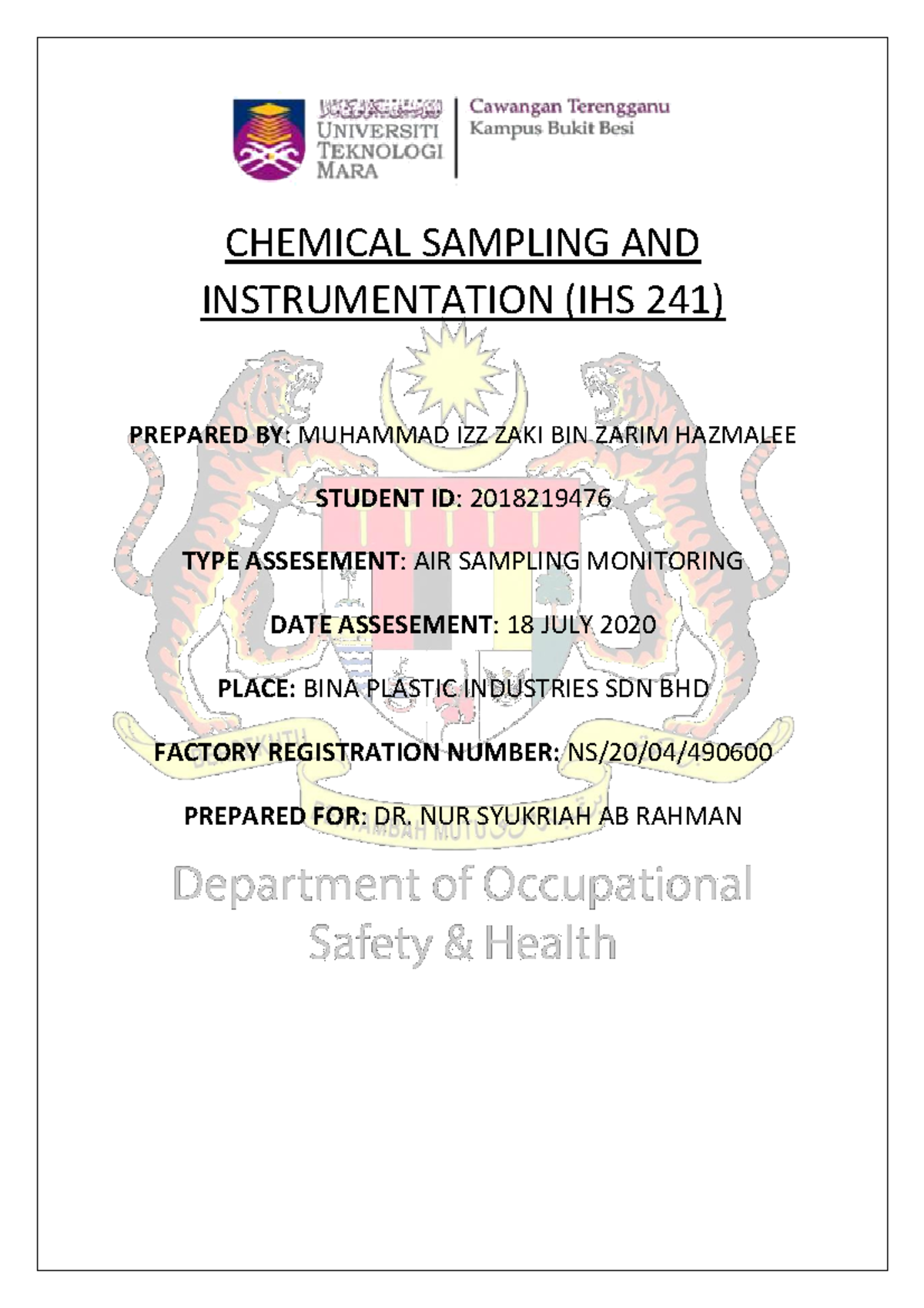 Case Study Muhammad Izz Zaki Chemical Sampling And Instrumentation Ihs 241 Prepared By Studocu