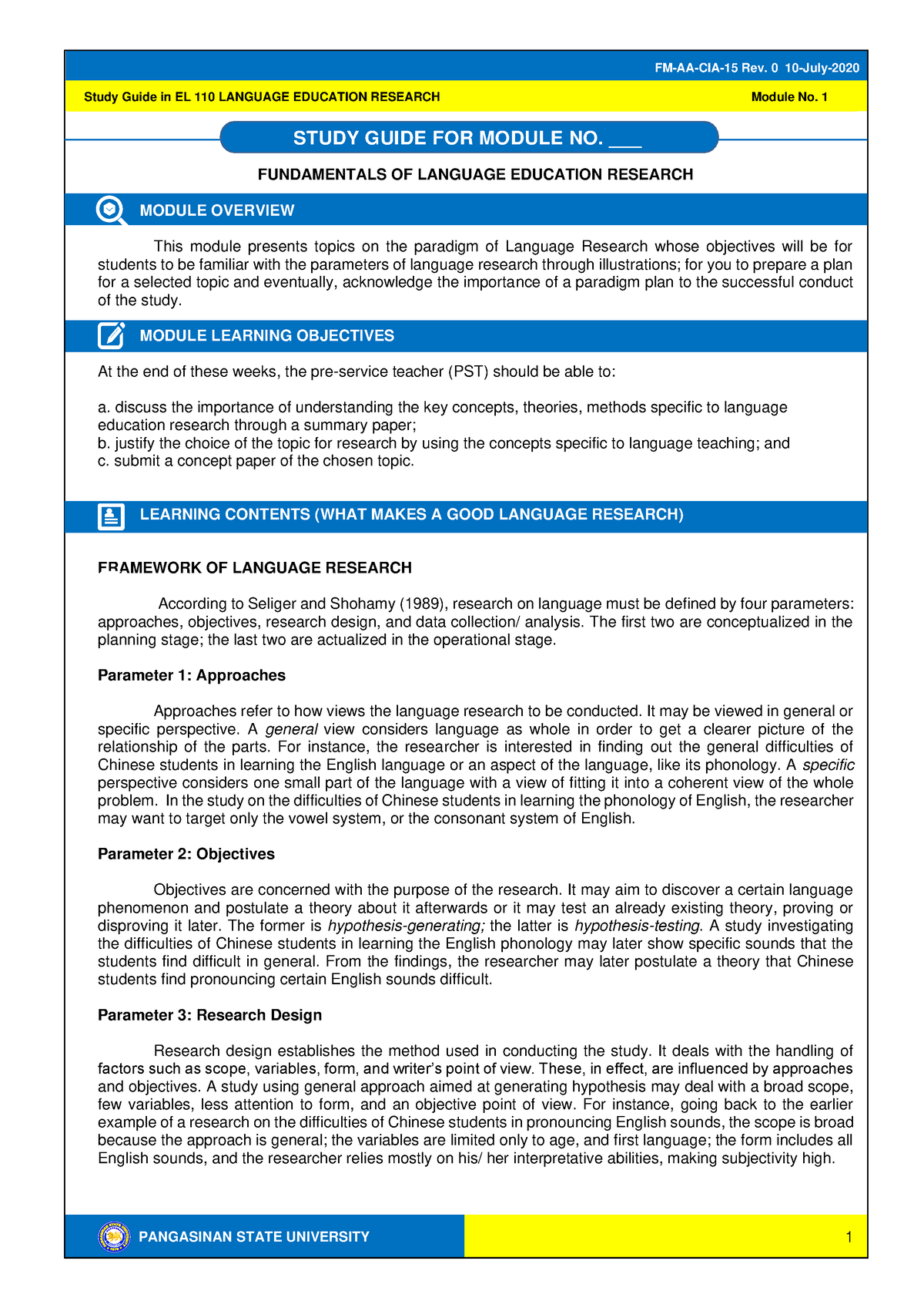 EL 110 SG 1 - This module presents topics on the paradigm of Language ...