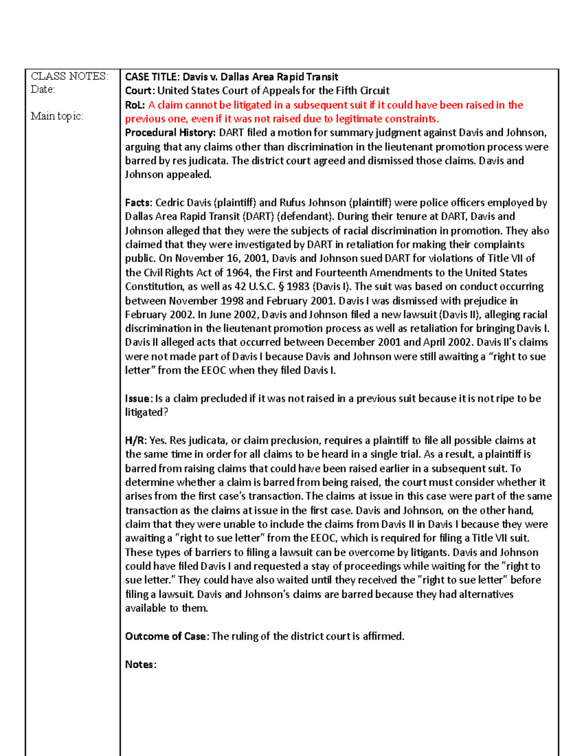 Davis v. Dallas Area Rapid Transit - CLASS NOTES: Date: Main topic ...
