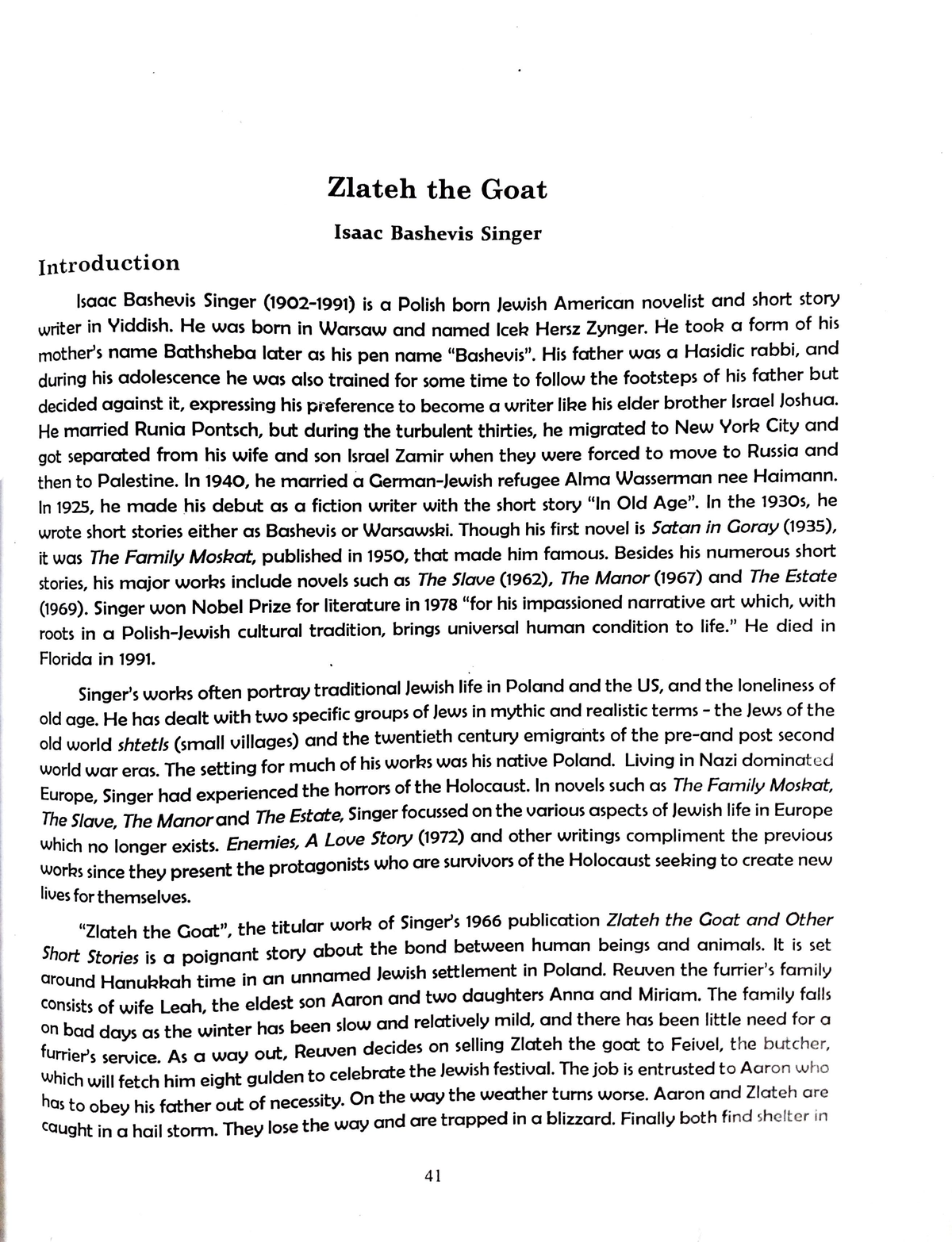 Zlateh The Goat chapter Zlateh the Goat IsaacBashevisSinger