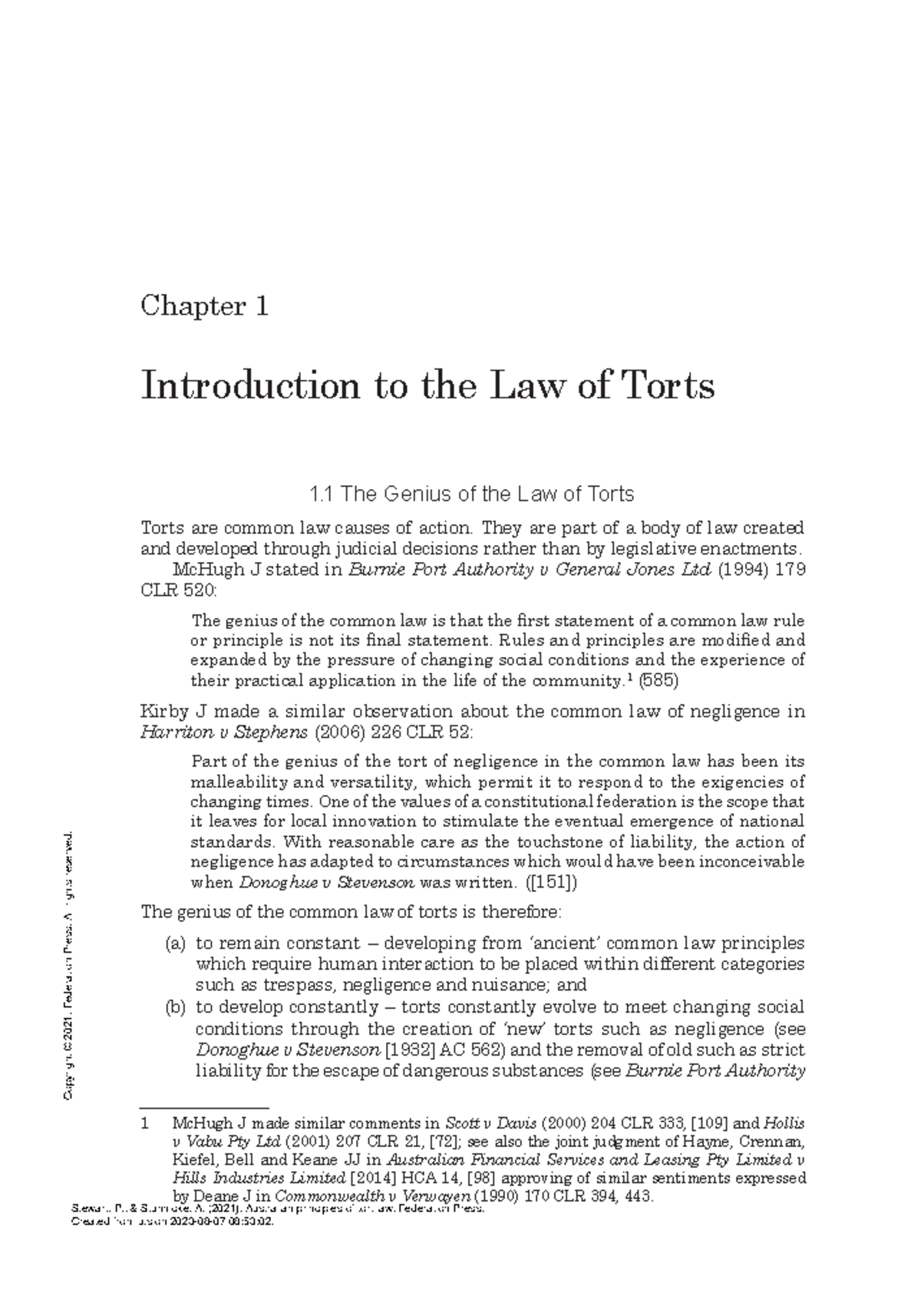 Australian Principles of Tort Law (Chapter 1 Introduction to the Law of Torts) Chapter 1