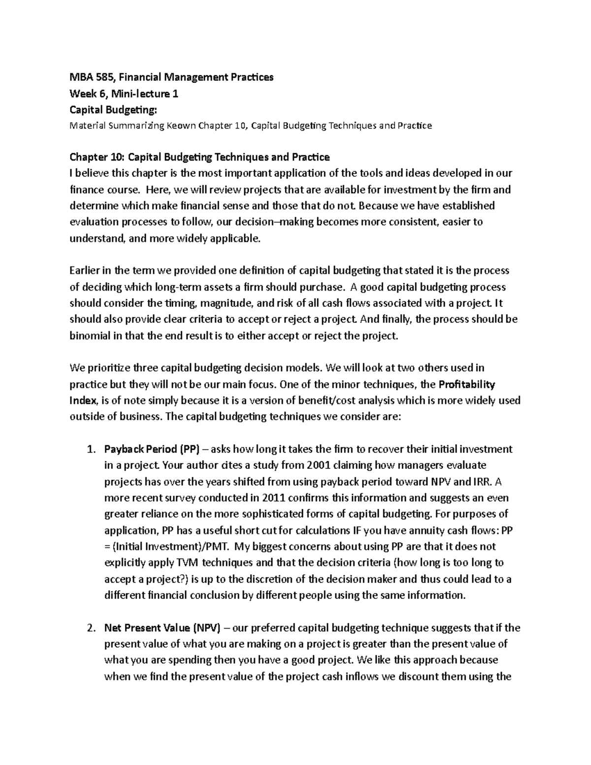 MBA 585 6 - 1 - Notes prepared for future students - MBA 585, Financial ...