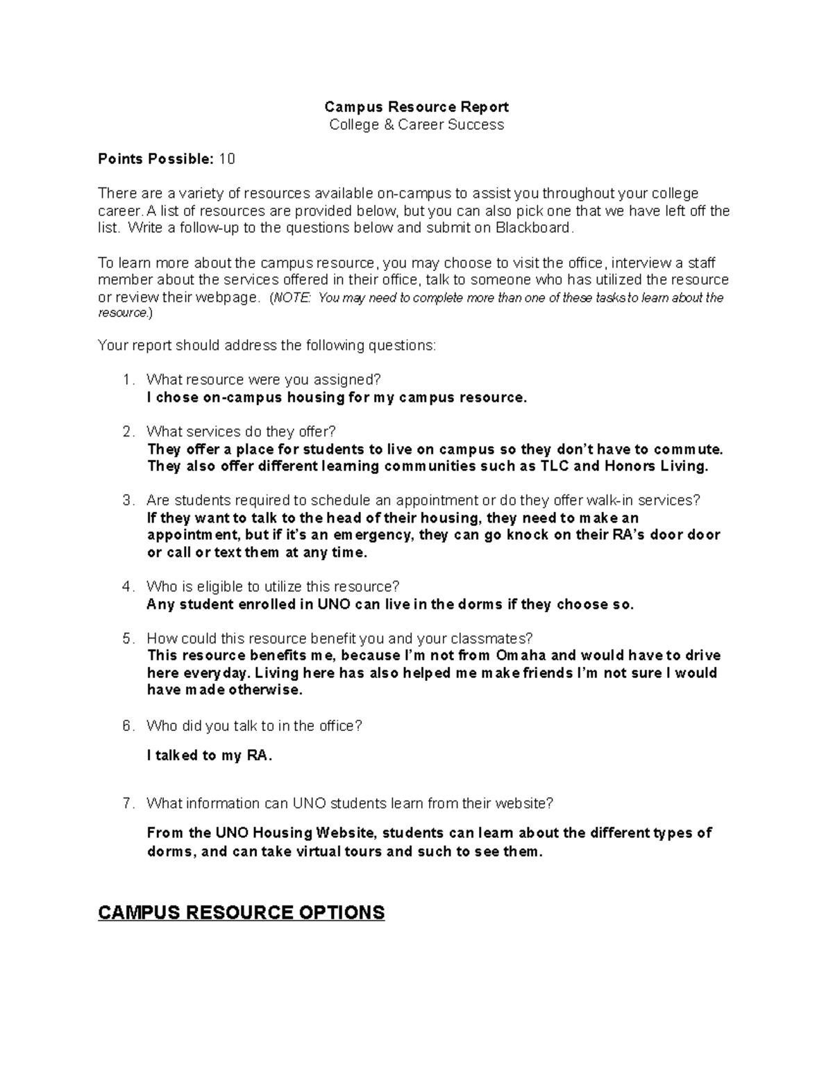 Campus Resource Report Assignment - Campus Resource Report College ...