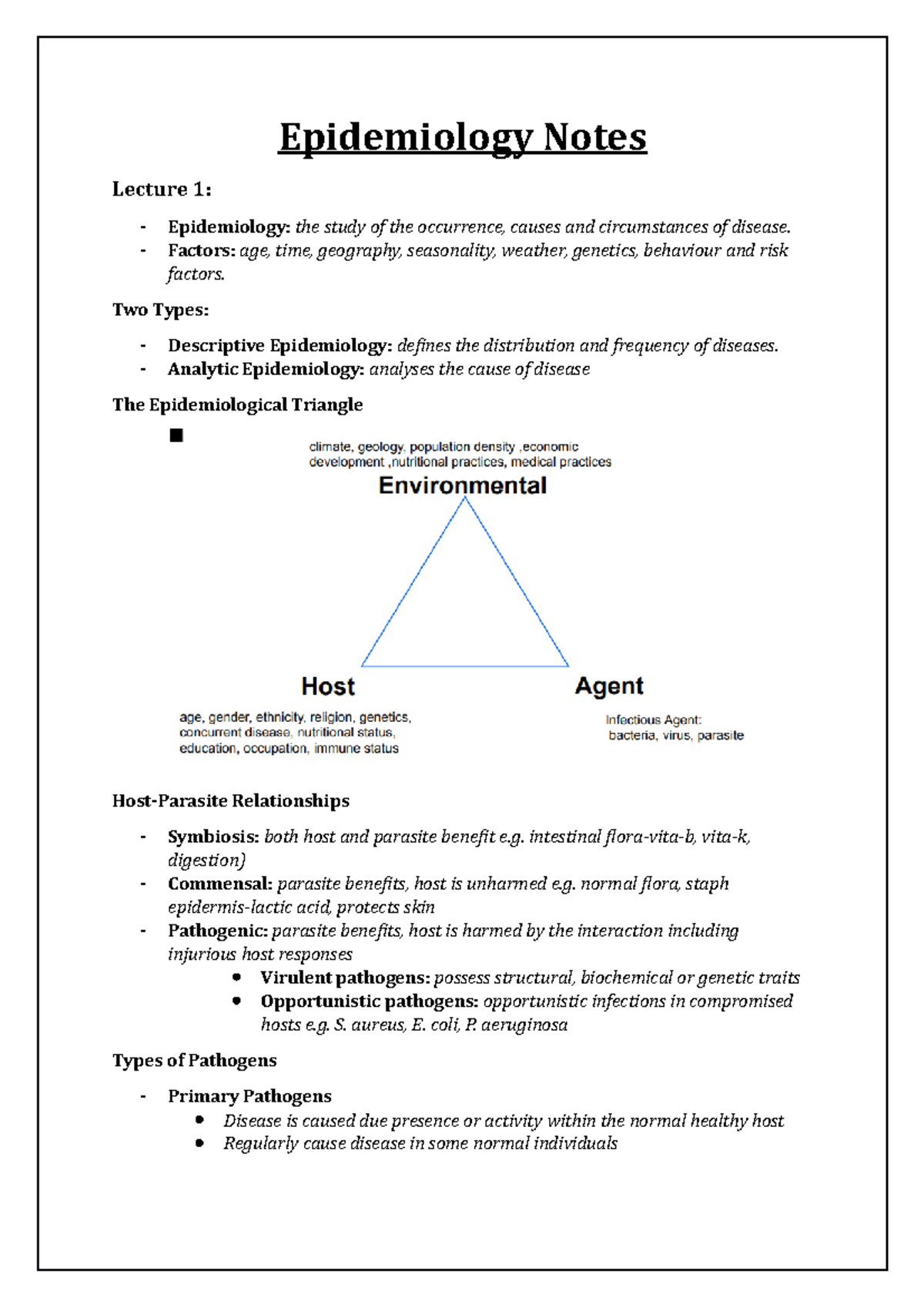 Epidemiology Notes - Epidemiology Notes Lecture 1: Epidemiology: the ...