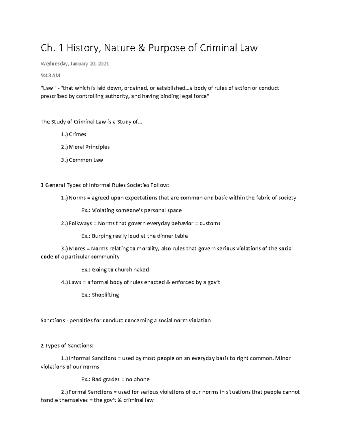 Criminal Law - Ch 1 - Tophat textbook notes - Ch. 1 History, Nature ...