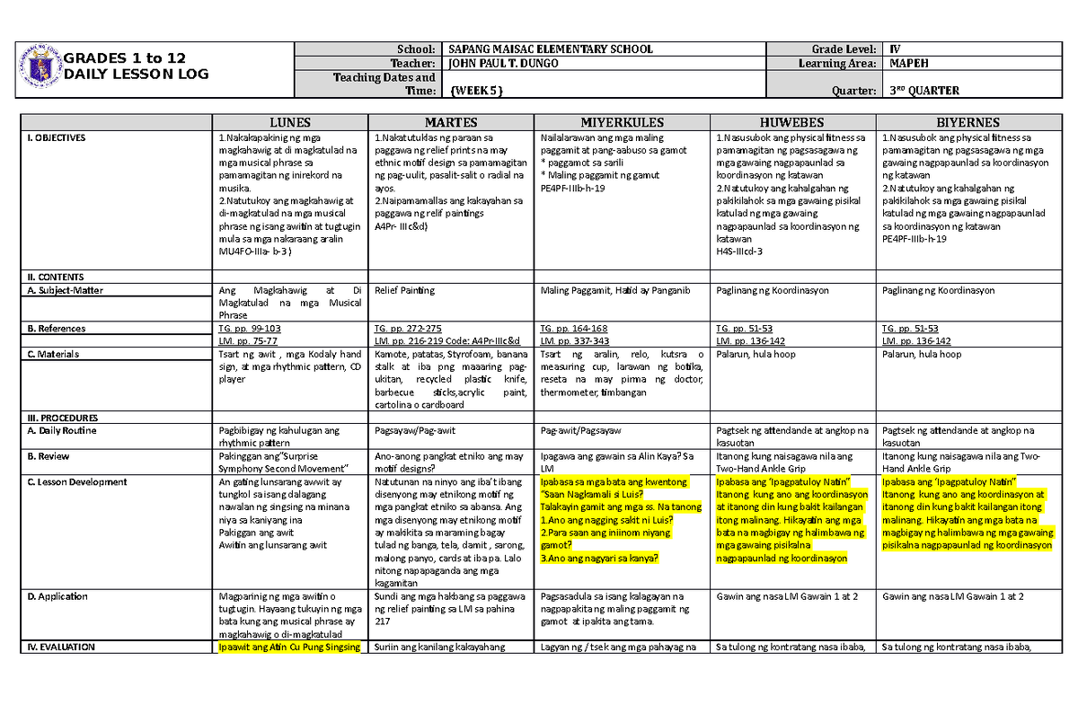 DLL Mapeh 4 Q3 W5 - daily lesson log - GRADES 1 to 12 DAILY LESSON LOG ...