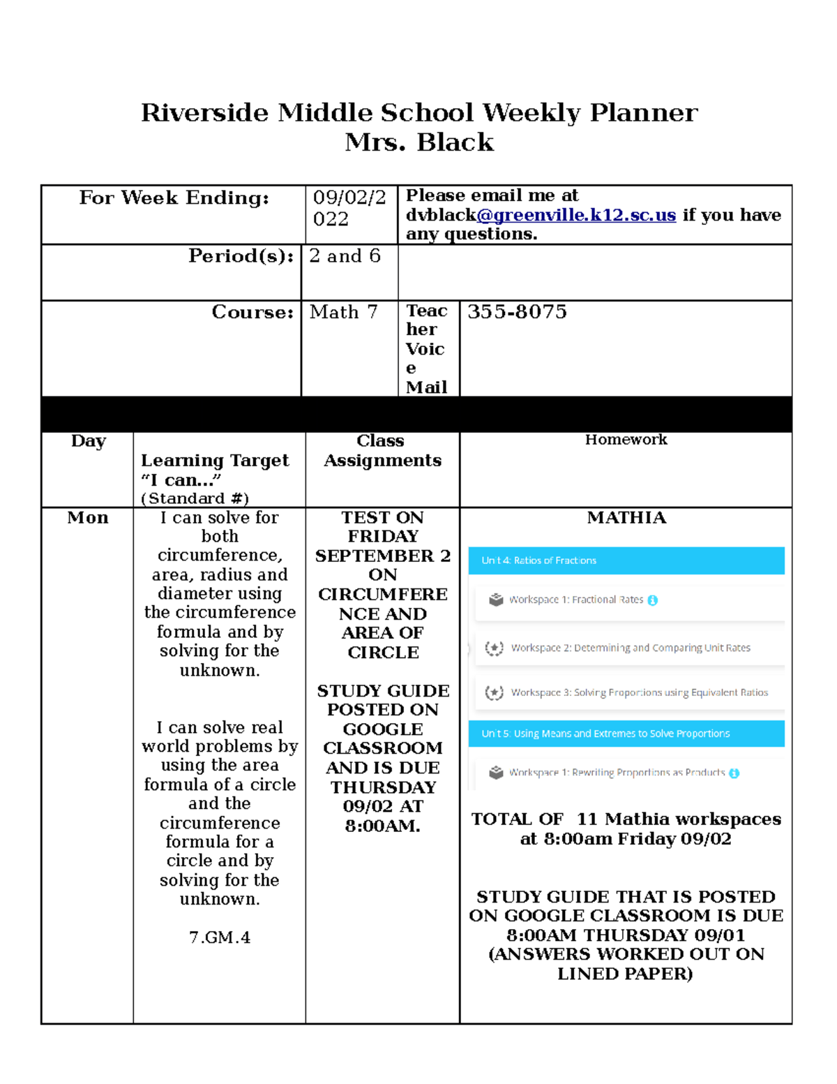 Math 7- Wkened 09022022 - Riverside Middle School Weekly Planner Mrs ...