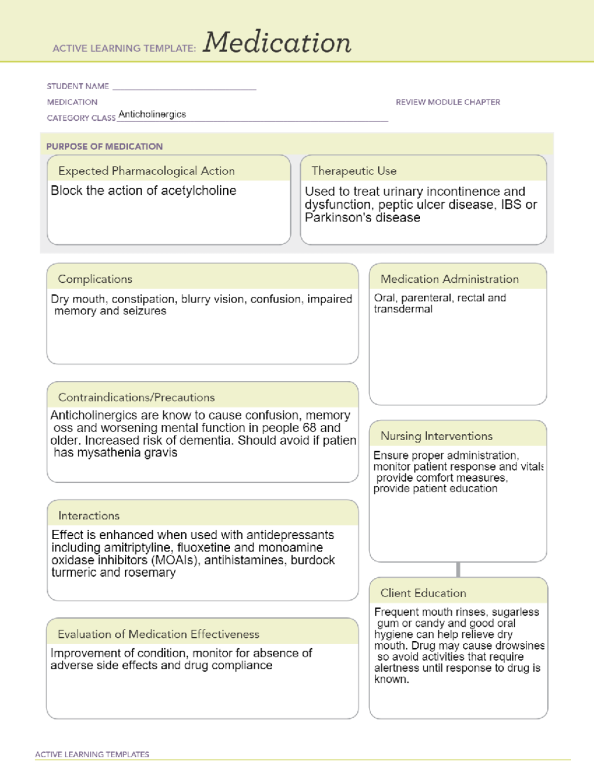 Anticholinergics-2 - Drug class information - NURSE 154 - Studocu