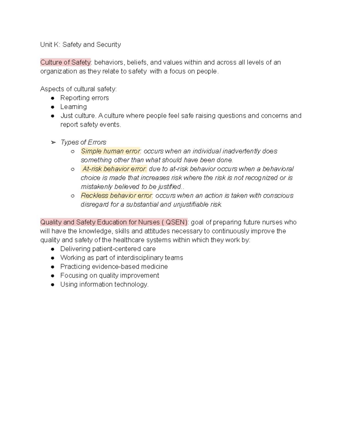 Safety and security Unit K Safety and Security Culture of Safety