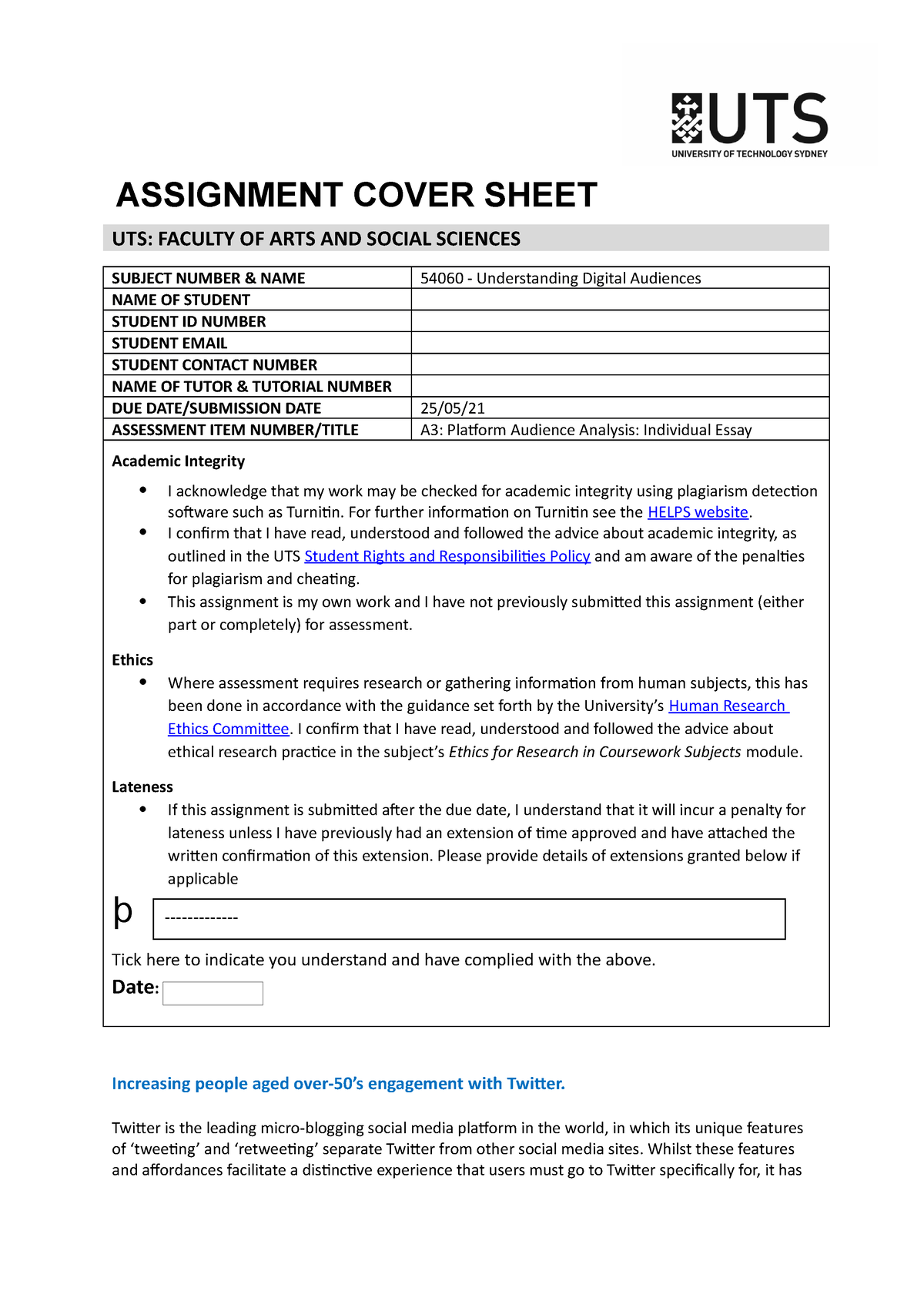 Understanding digital audiences A3 Essay 2021 - ASSIGNMENT COVER SHEET ...