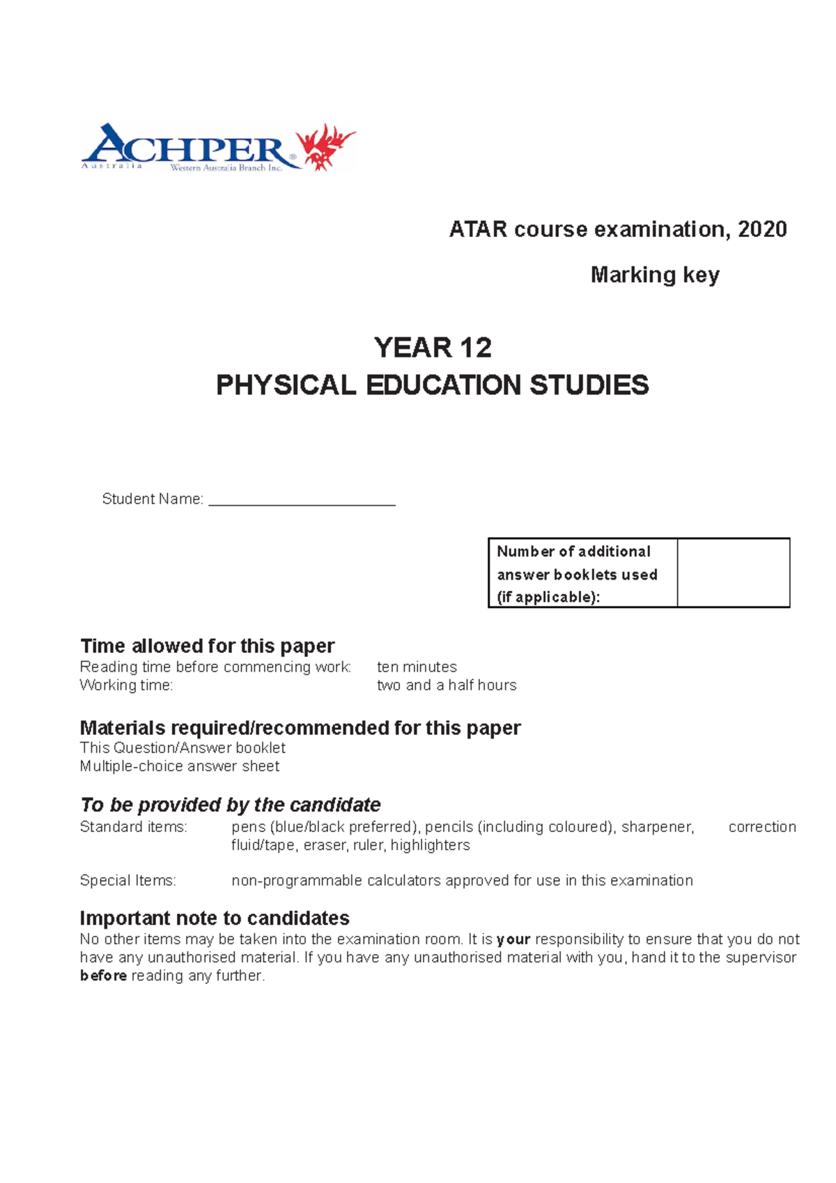 Achper Year 12 PE Studies Mock Exam 2020 MK - ATAR course examination ...