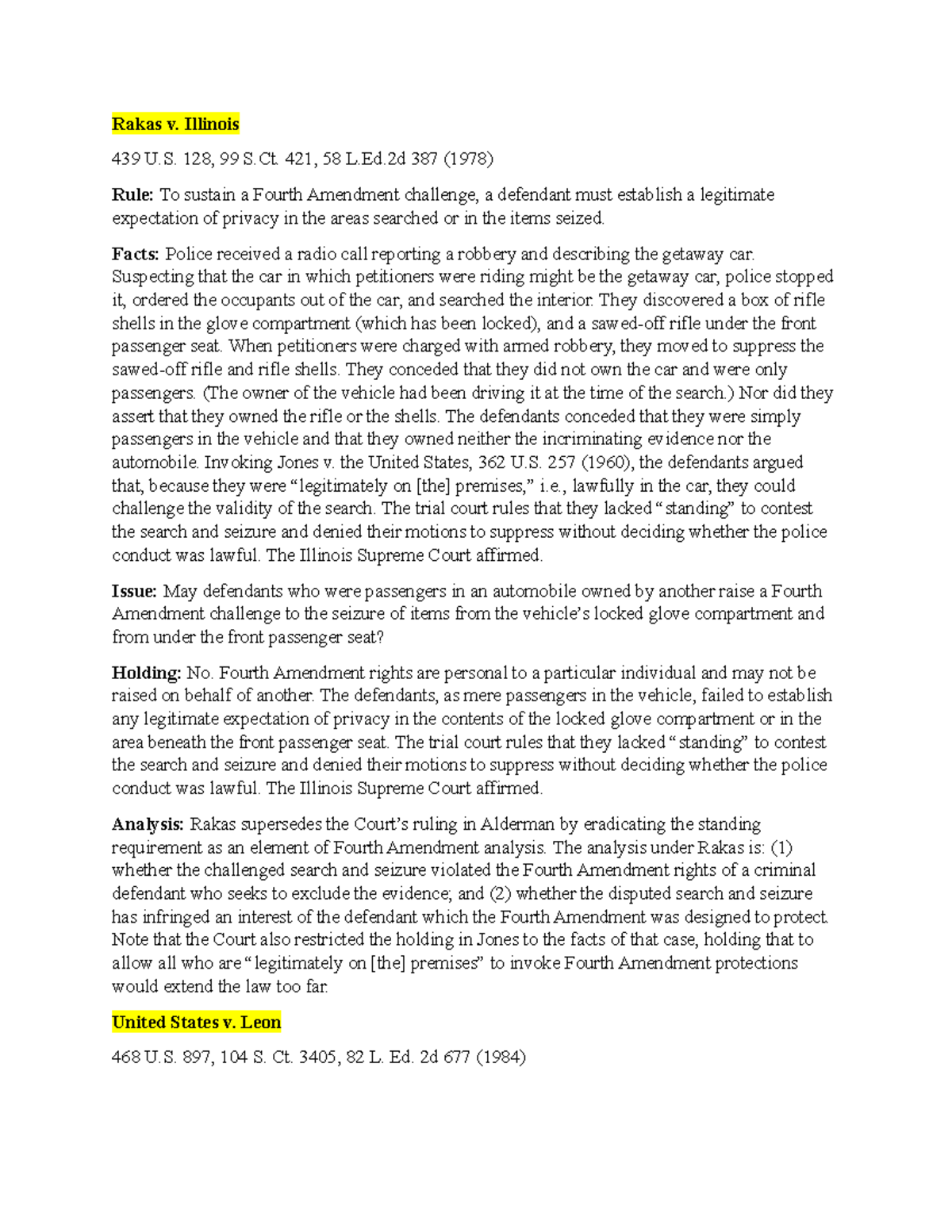 Criminal Procedure 1e Case Brief Submissions Rakas v. Illinois 439 U
