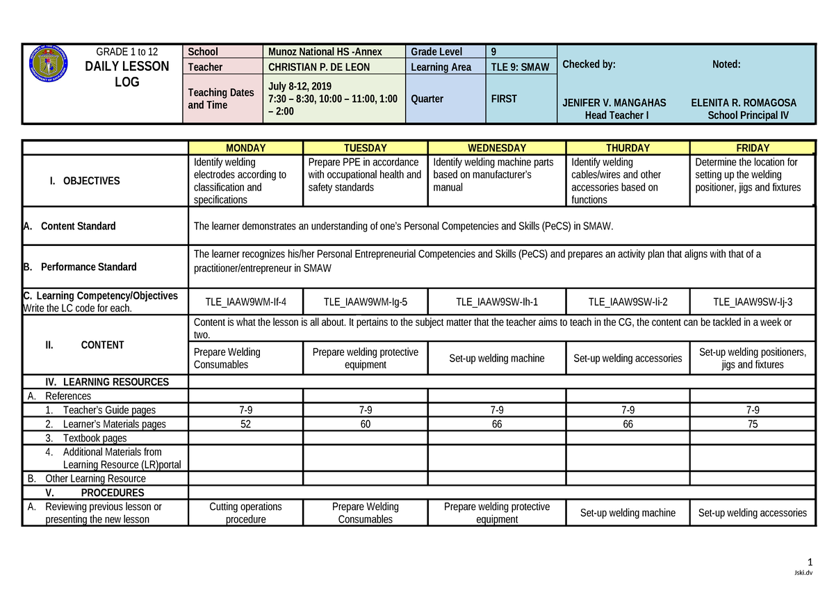 Week 6 Daily Lesson Log For Smaw 9 Grade 1 To 12 Daily Lesson Log School Munoz National Hs 7992