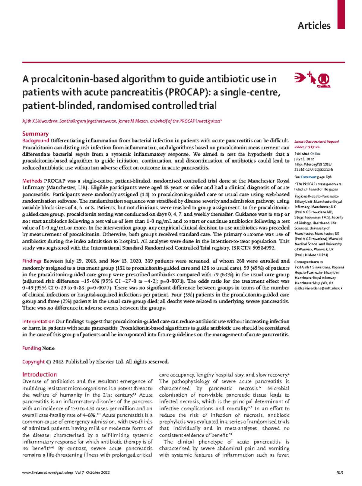Siriwardena ajith k a procalcitonin based algorithm to Lancet Gastroenterol Hepatol 2022; 7