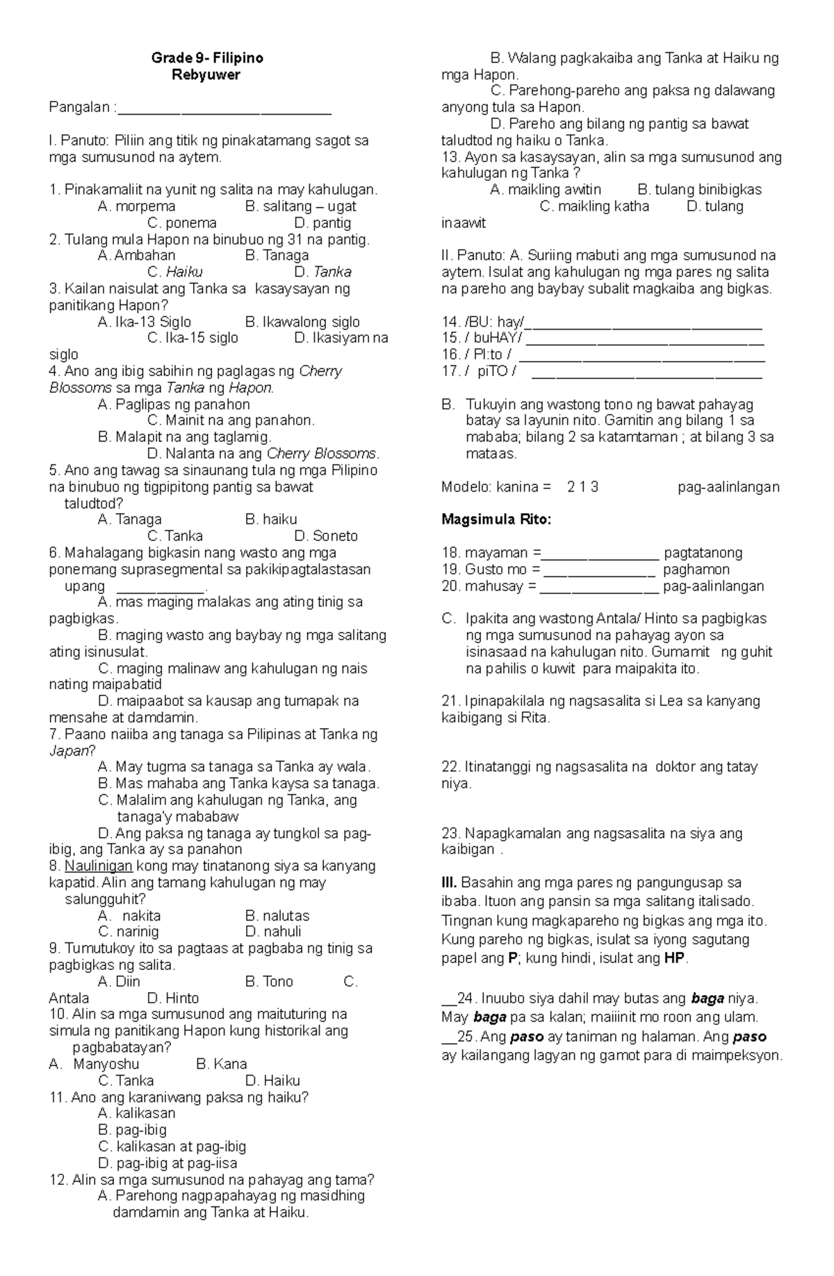 Reviewer Grade 9 Pagsasanay sa mga gawain sa Filipino 67. Grade 9