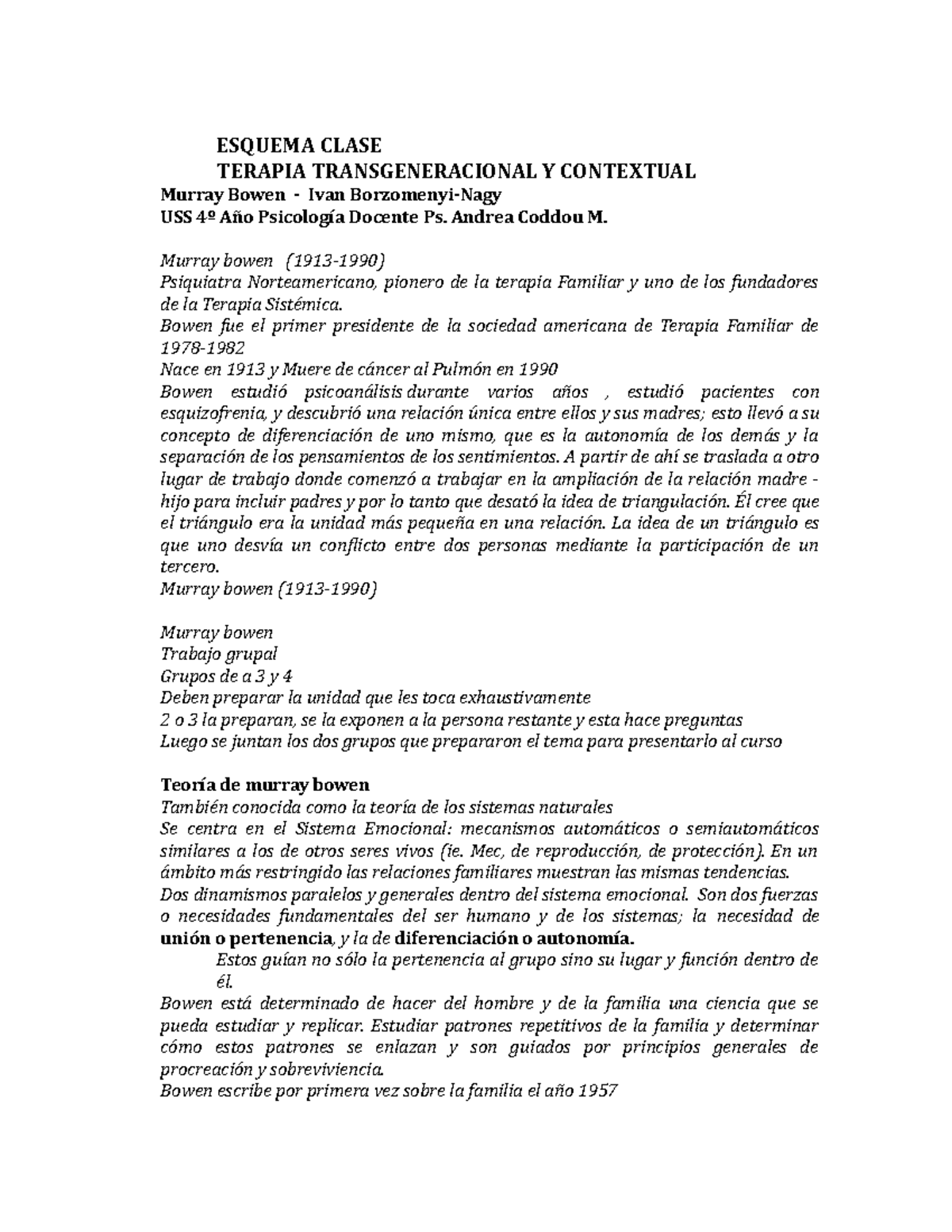 Esq Ter. Transgeneracional y Contextual - ESQUEMA CLASE TERAPIA  TRANSGENERACIONAL Y CONTEXTUAL - Studocu