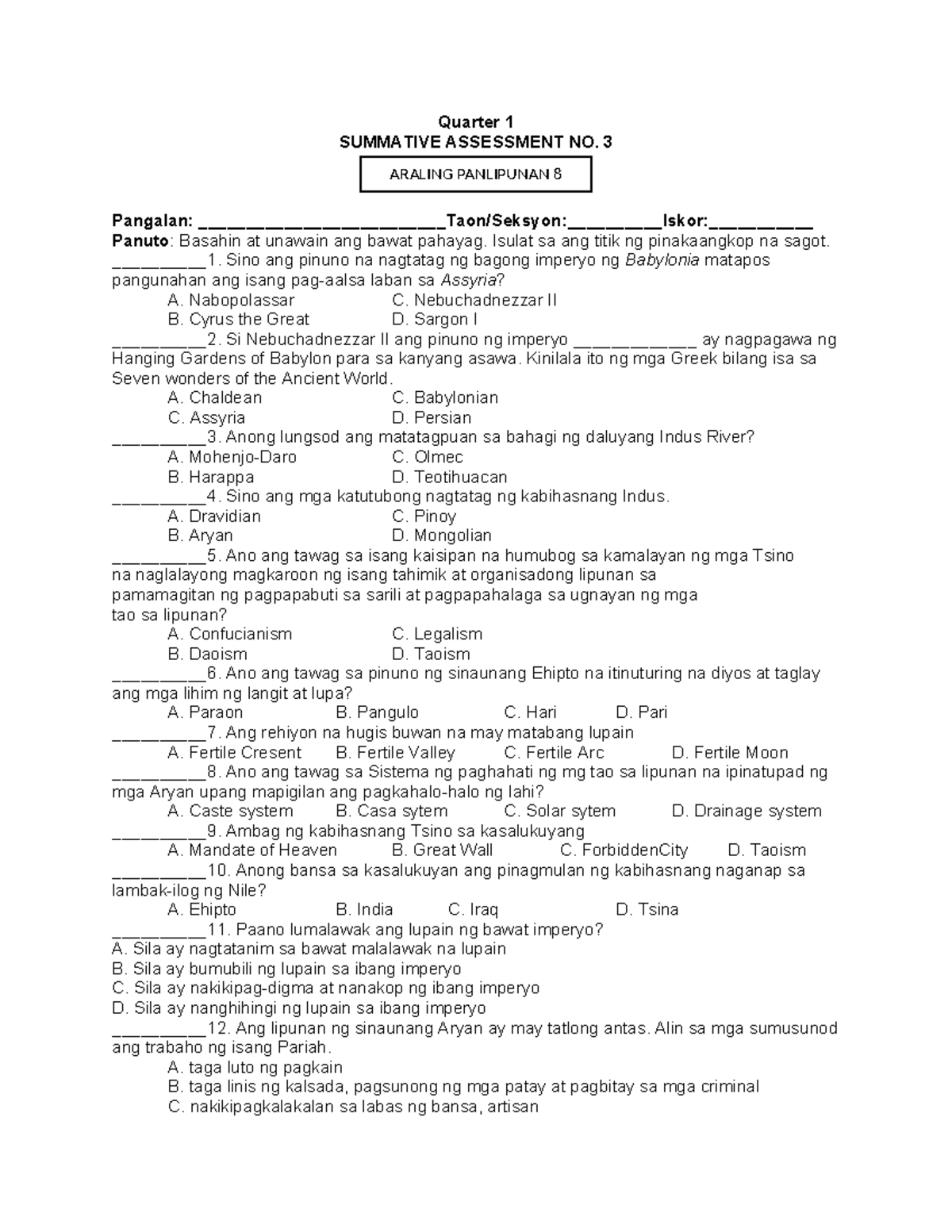 Q1- AP-8-Summative #3 - Summative Test - Quarter 1 SUMMATIVE ASSESSMENT ...