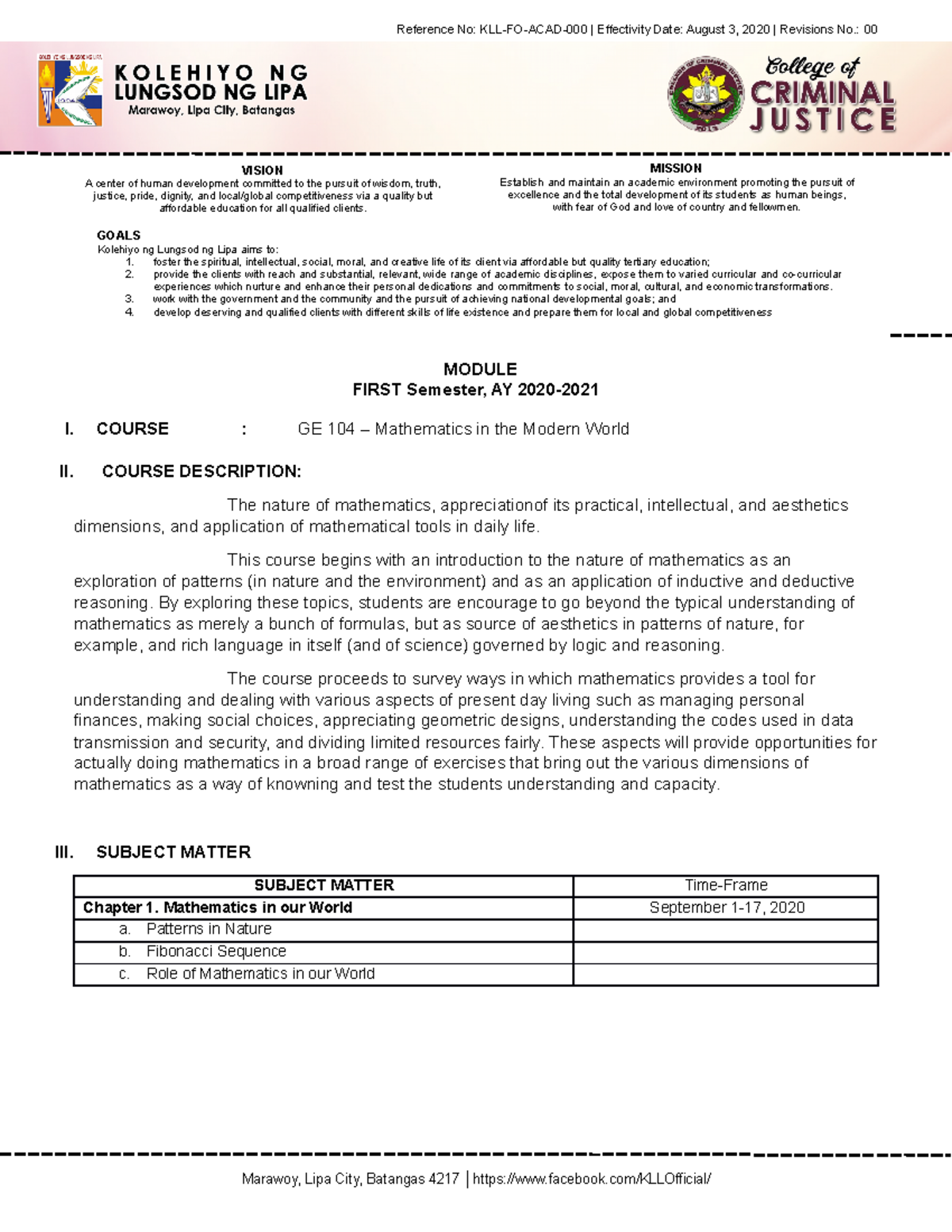 Ge104 chapter 1 module 1 - MISSION Establish and maintain an academic ...