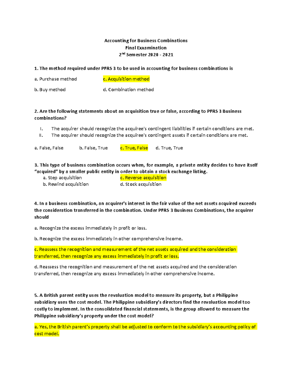 Accounting for Business Combination Final Examination Accounting