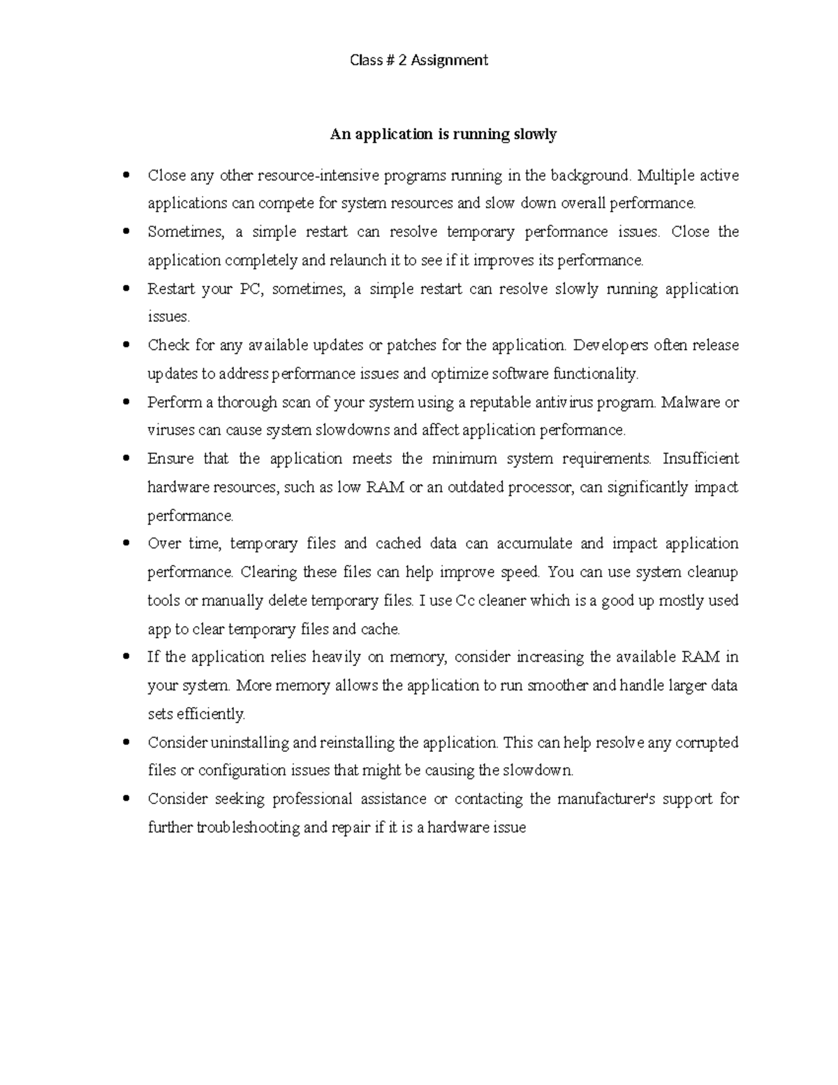 Project #2 - Class # 2 Assignment An application is running slowly ...