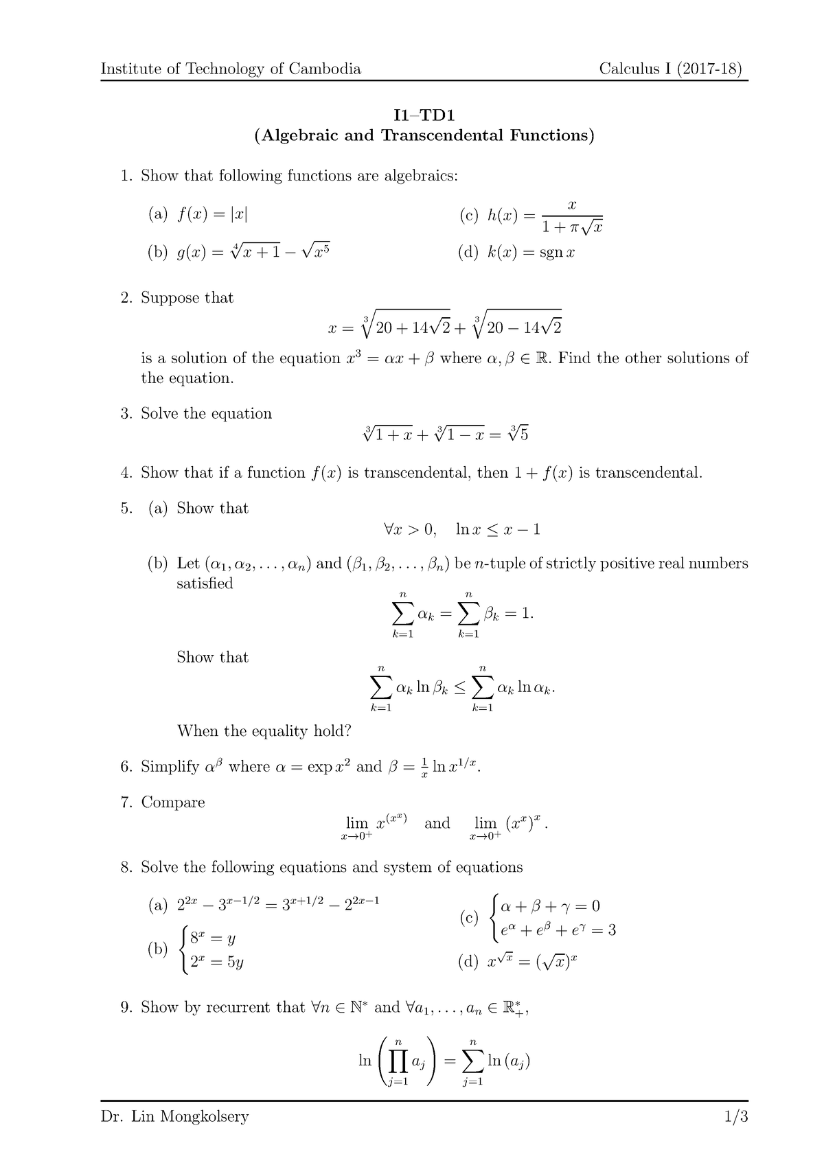 Cal1-td1(2017-18) - I Would Like To Share Some Td Of Calculus 1 