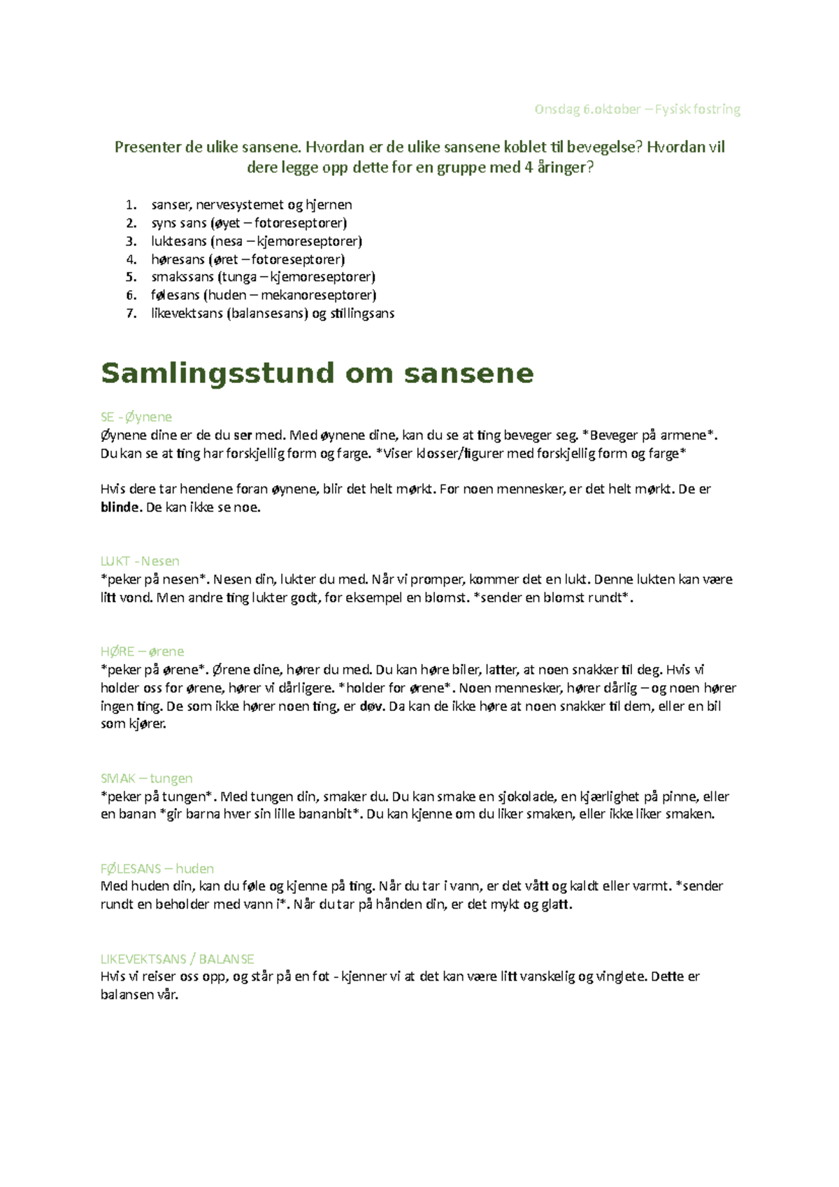 Onsdag 6.okt - Samling Om Sansene - Onsdag 6 – Fysisk Fostring ...