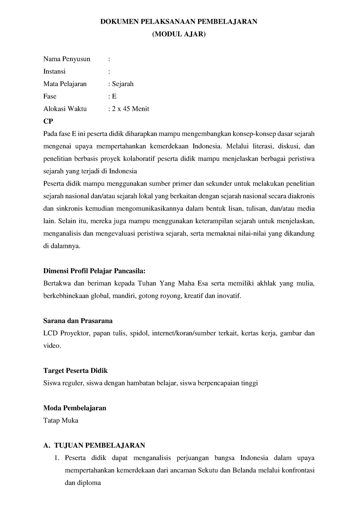 Contoh Modul Ajar - DOKUMEN PELAKSANAAN PEMBELAJARAN (MODUL AJAR) Nama ...