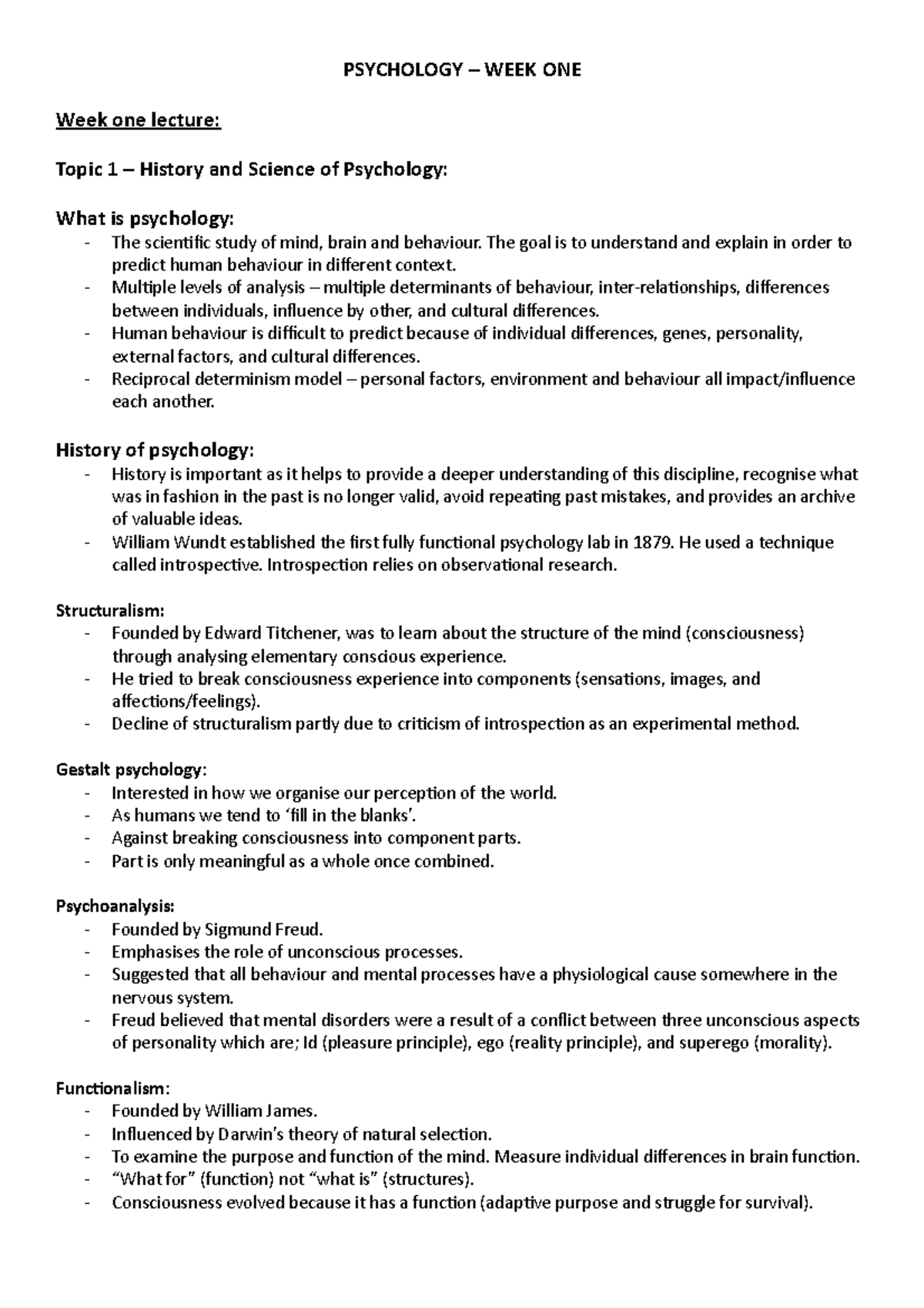 Week 1 - psych - Week 1 - PSYCHOLOGY – WEEK ONE Week one lecture: Topic ...