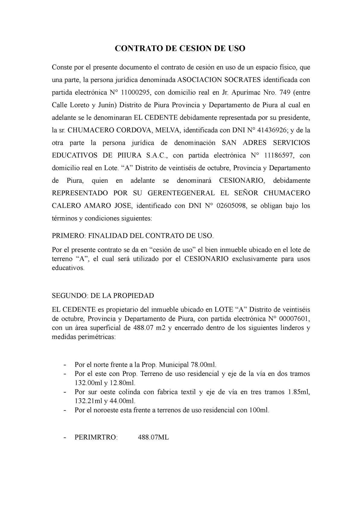 Contrato DE Cesion DE USO - CONTRATO DE CESION DE USO Conste por el  presente documento el contrato - Studocu