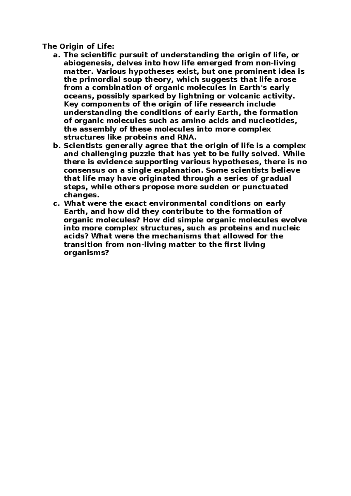 Science Projects - Scientific Mysteries Notes - The Origin of Life: a ...