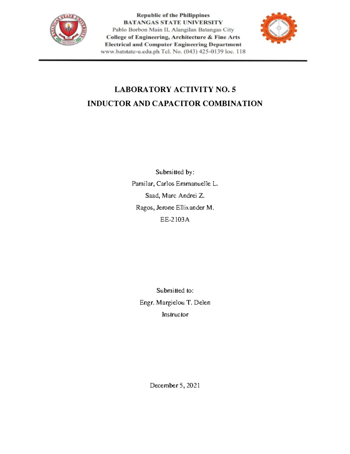 Lab-Act-5 - lab activity - LABORATORY ACTIVITY NO. 5 INDUCTOR AND ...