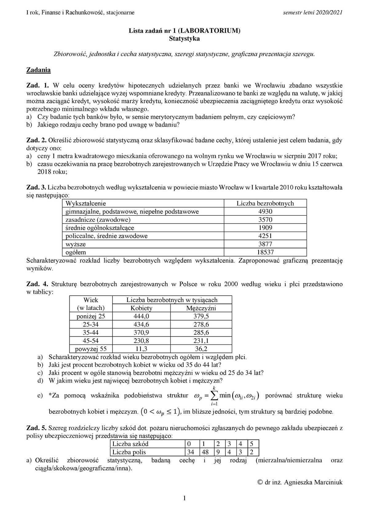 Statystyka Lista Zadań Obowiązkowa - I Rok, Finanse I Rachunkowość ...